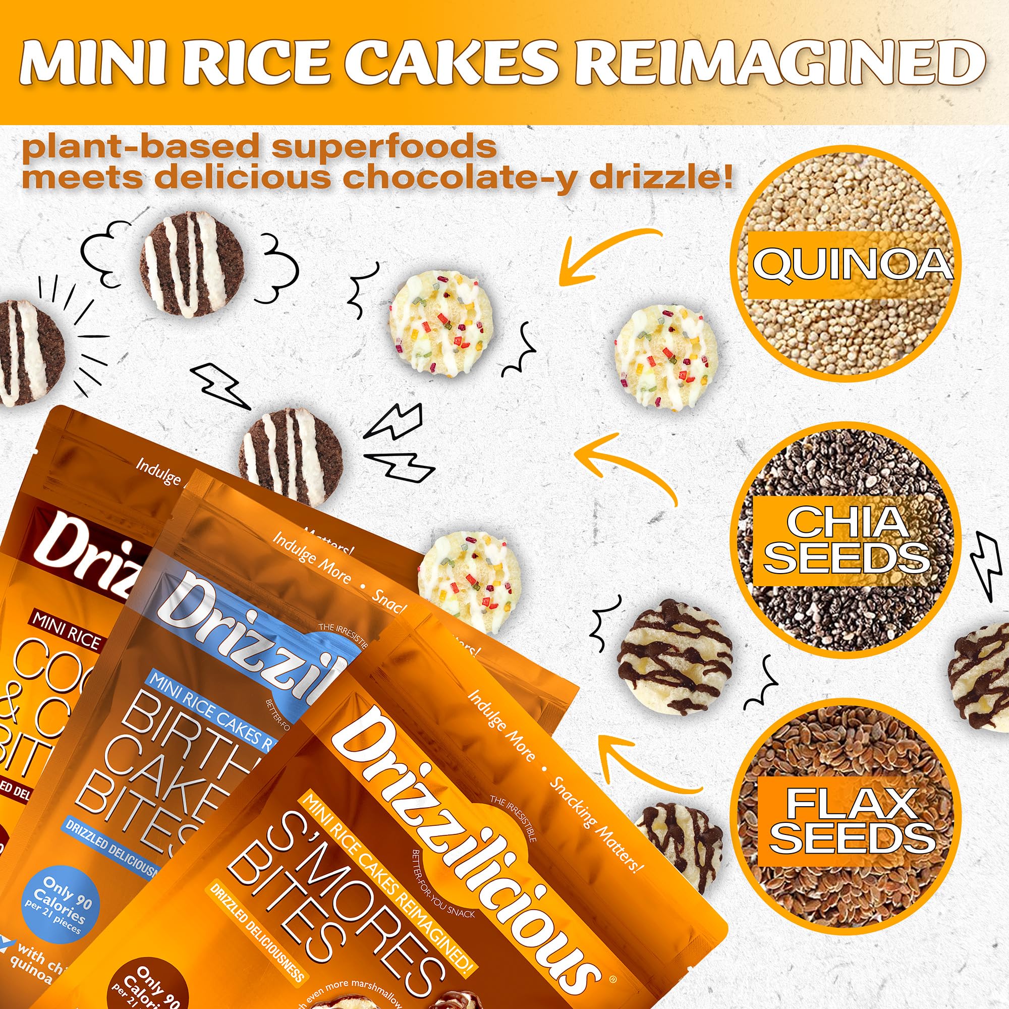 Drizzilicious Mini Rice Cakes Variety Pack- Rice Crisps, Healthy Snack for Adults and Kids, Flavored Rice Cakes, Vegan, Gluten Free Snack, Allergen