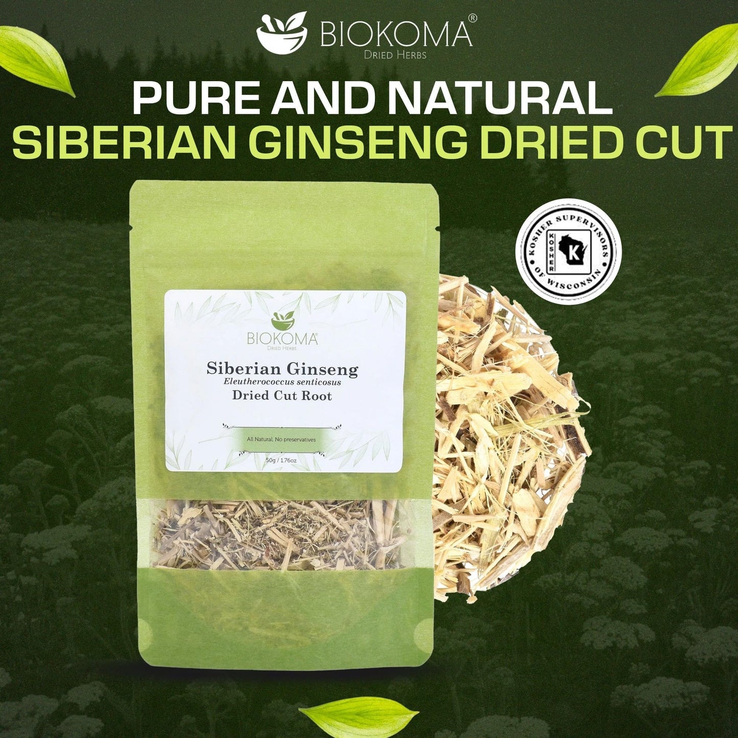 Biokoma Siberian Ginseng Root 50g (1.76 oz) Eleuthero senticosus - Dried Cut Energy Boost Wellness Support Herbal Tea Caffeine-Free Resealable