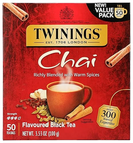 Twinings Chai Black Tea Individually Wrapped Bags, Sweet, Savoury Spices, Caffeinated, Enjoy Hot or Iced - 50 Count