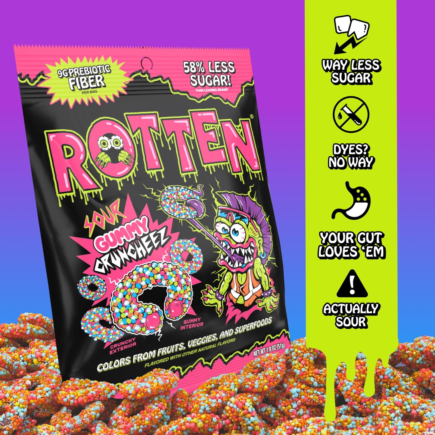 Rotten Sour Gummy Cruncheez - Low Sugar, Low Calorie, 5g Gut-Friendly Prebiotic Fiber, Gluten Free Candy, No Artificial Dyes - 1.8 oz - 8-Pack