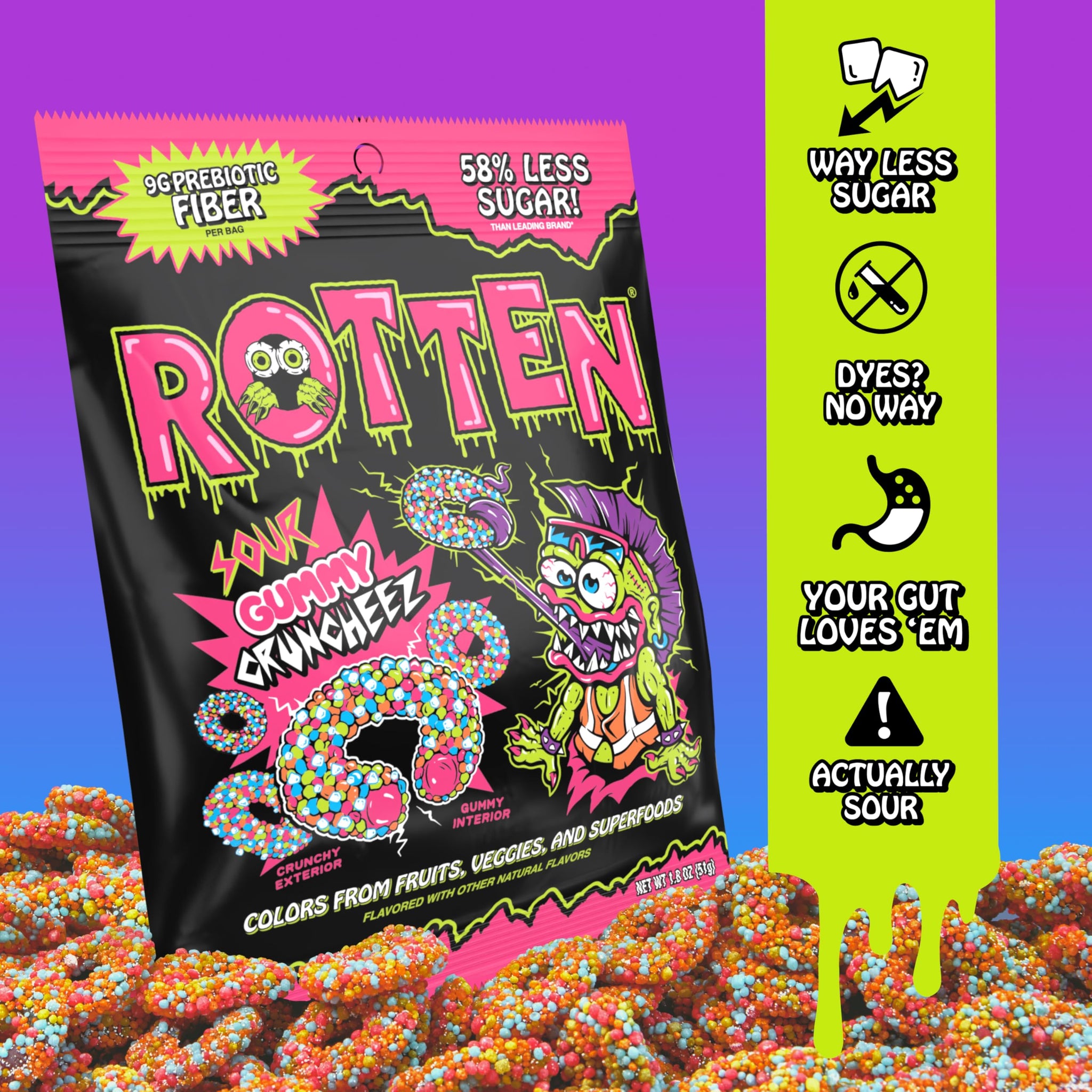Rotten Sour Gummy Cruncheez - Low Sugar, Low Calorie, 5g Gut-Friendly Prebiotic Fiber, Gluten Free Candy, No Artificial Dyes - 1.8 oz - 8-Pack