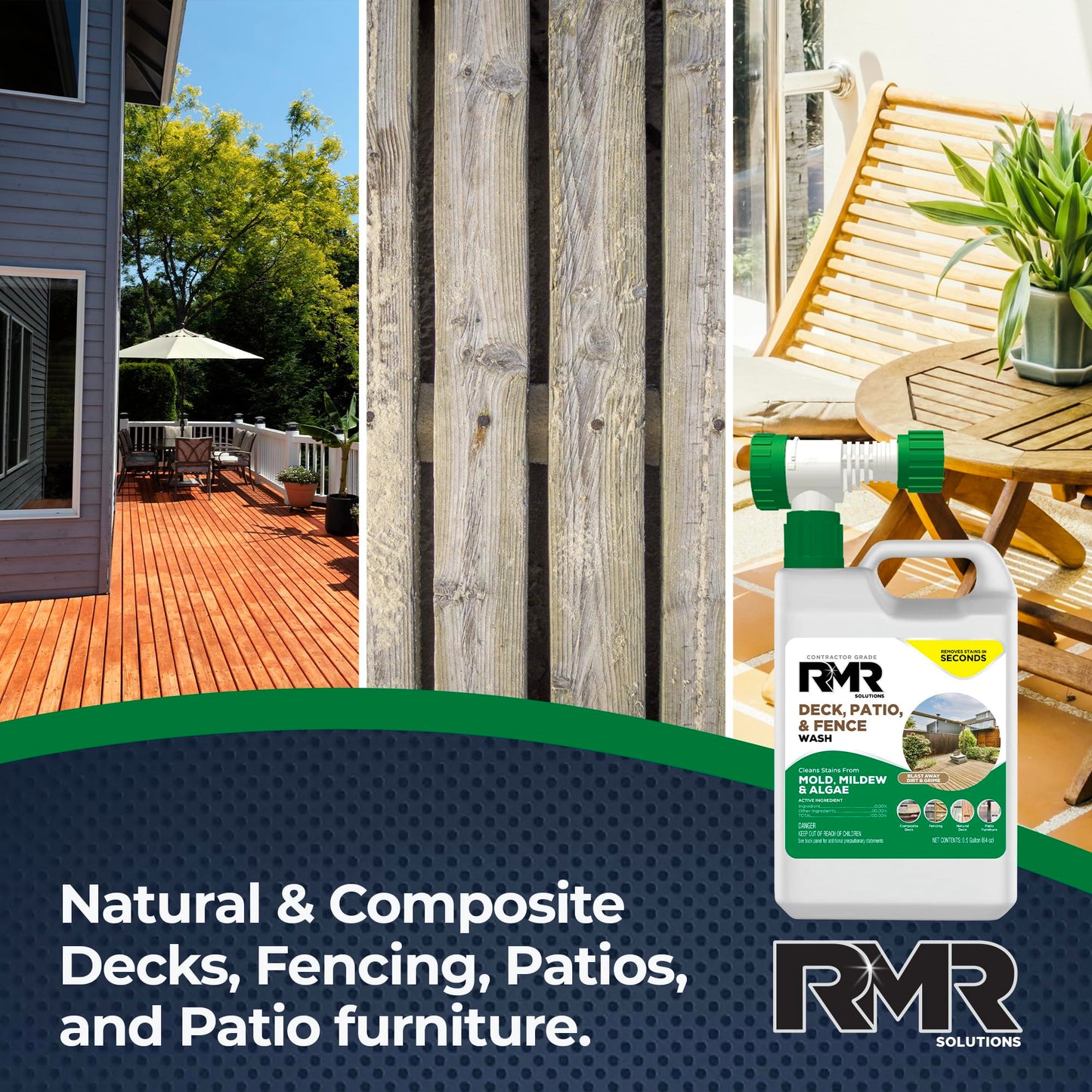 RMR Deck, Patio, & Fence Wash - Commercial-Grade Outdoor Stain Remover for Mold, Mildew, and Algae, 64 Ounce Bottle with Hose-End Adapter