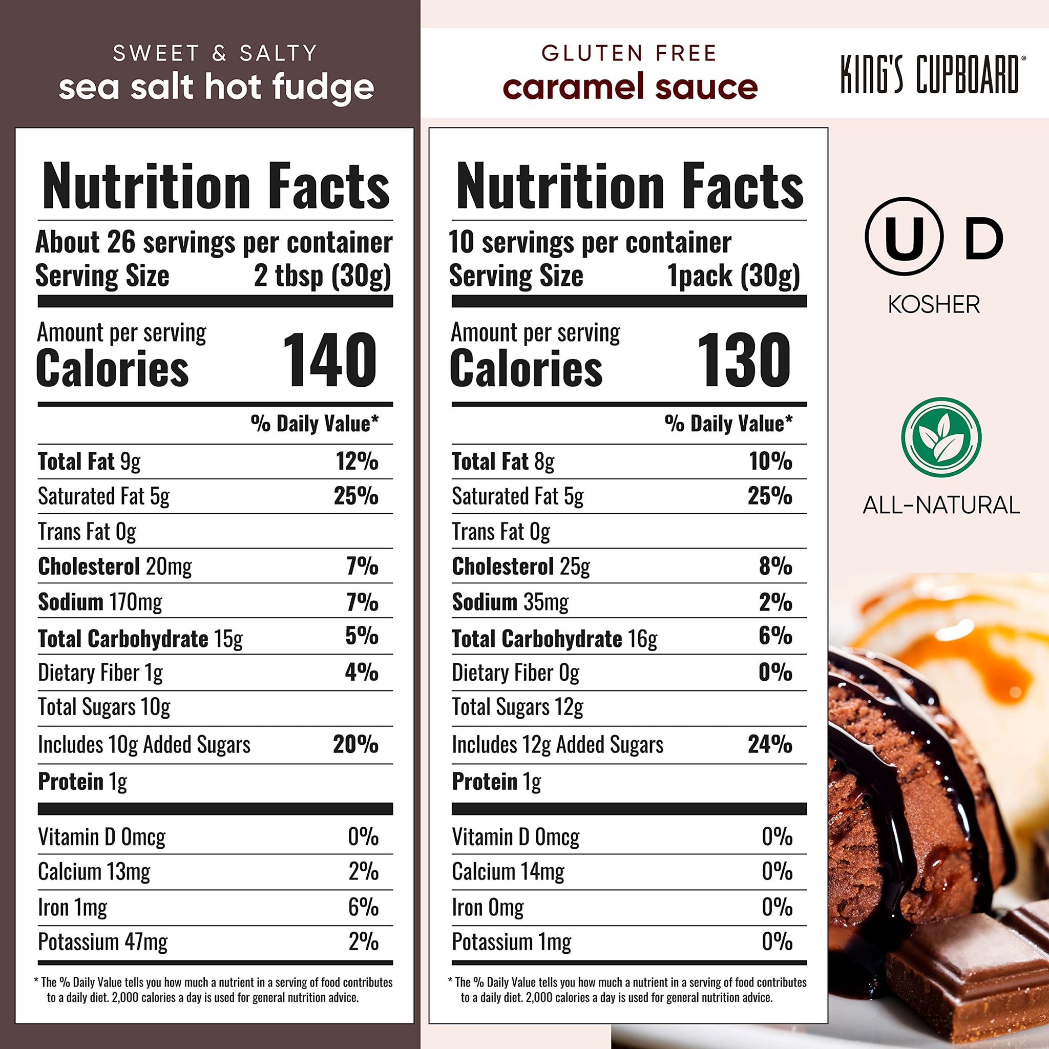 KING'S CUPBOARD Caramel Sauce and Sea Salt Hot Fudge Combo Pack - 2 jar Dessert Sauce and Ice Cream Topping, Chocolate and Caramel Syrup, Perfect
