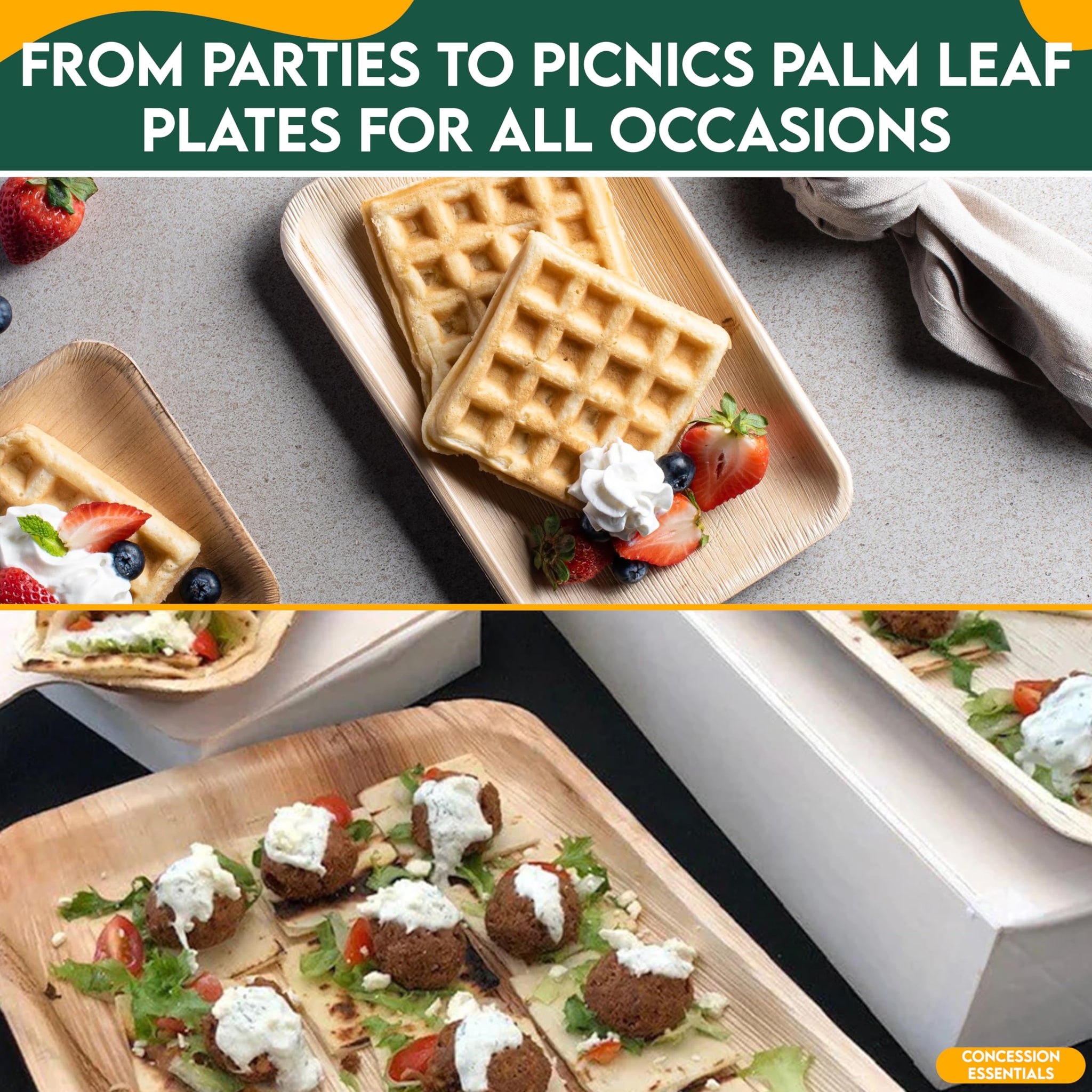 Concession Essentials Palm Leaf Rectangular Modern Plates (25 Count) - Disposable, Compostable & Biodegradable (9" x 6")