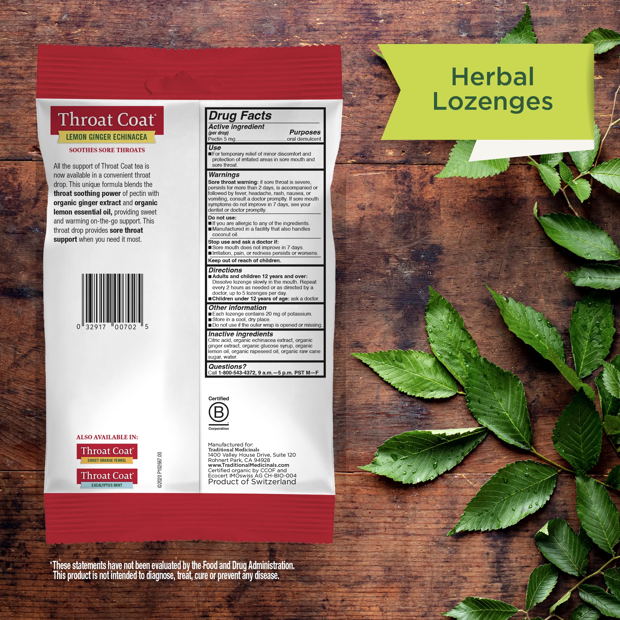 Traditional Medicinals Organic, Throat Coat Lozenges, Lemon Ginger Echinacea - Herbal Cough Drops, Helps Soothe Sore Throat - Non-GMO, Stimulant-Free
