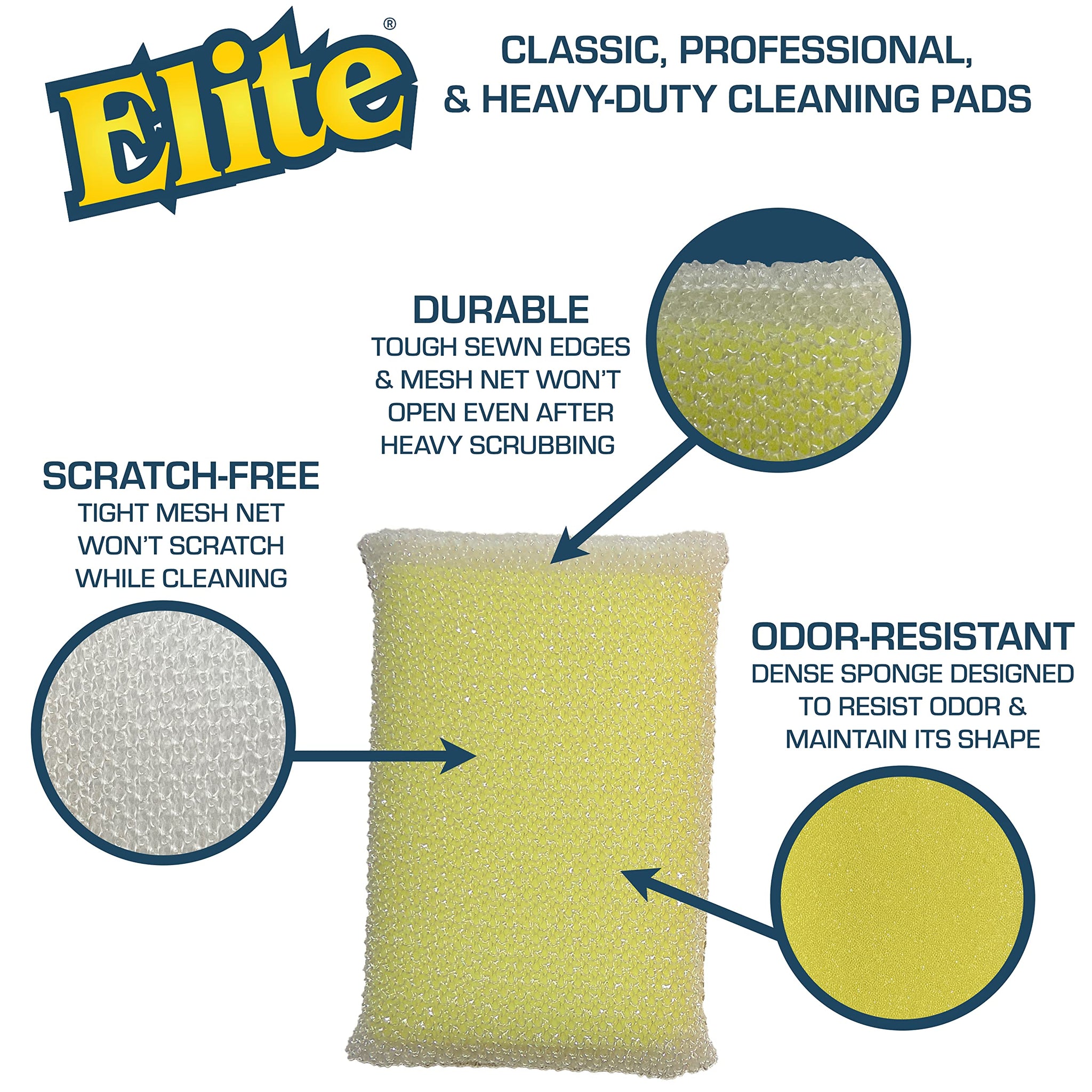 Elite All Purpose Cleaning Pad, 24 Pads (Bulk), Non Scratch, Dish Sponge, Scrubber, Sponges for Kitchen and Household Use, Made in USA