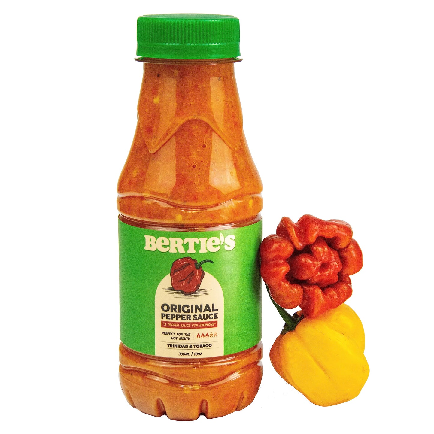 Bertie's Original Pepper Sauce (10 Oz/300ml) | Great Flavour And Heat | Made With Fresh Trinidad Moruga Red And Scotch Bonnet Yellow Peppers | Tastes