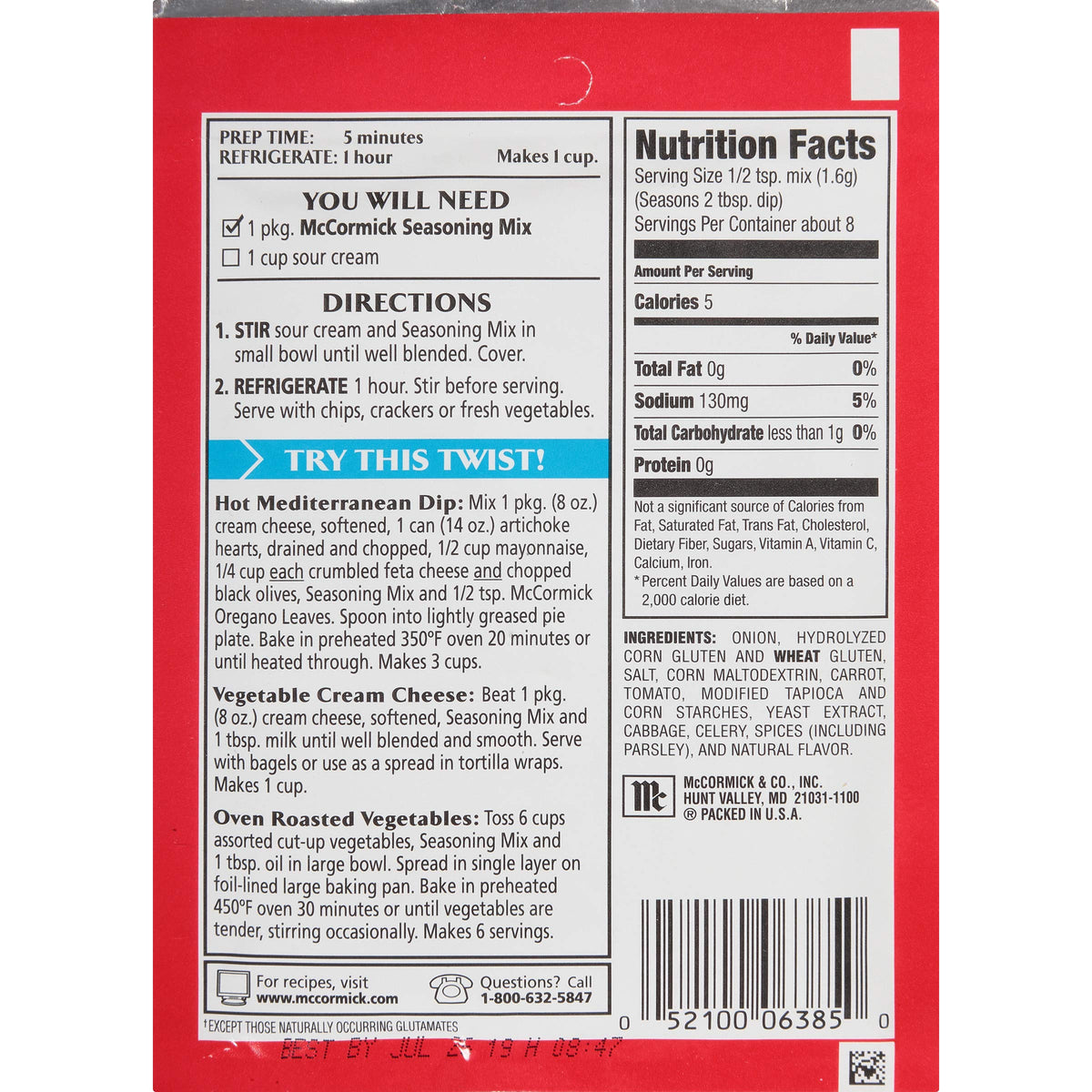 McCormick Vegetable Dip Seasoning Mix, 0.46 oz (Pack of 12)
