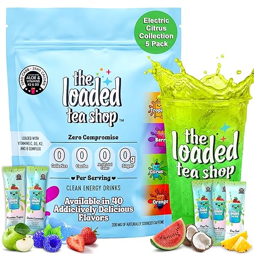 The Loaded Tea Shop Energy Drink Mix Sticks, Electric Citrus Collection 5 Pack, Sugar-Free, Zero Calories, 200mg Natural Caffeine, No Artificial