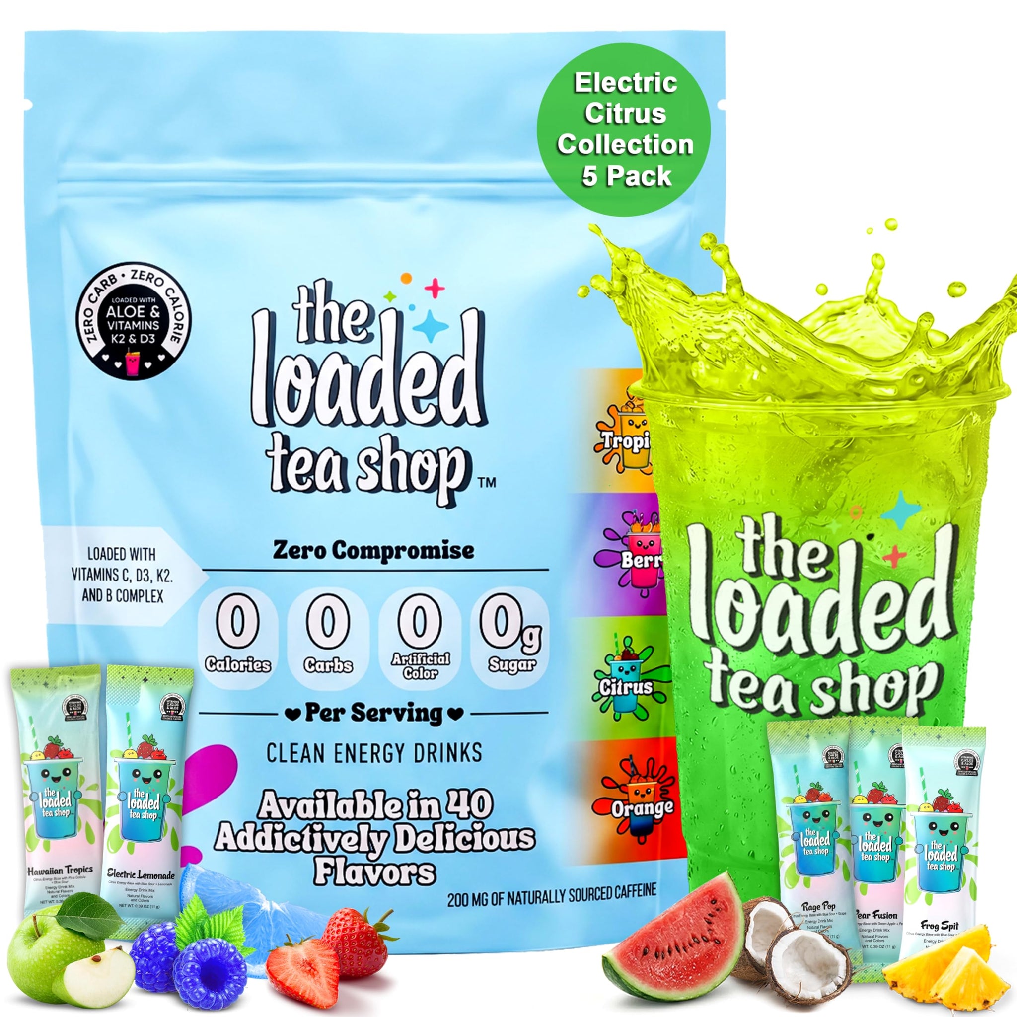 The Loaded Tea Shop Energy Drink Mix Sticks, Electric Citrus Collection 5 Pack, Sugar-Free, Zero Calories, 200mg Natural Caffeine, No Artificial