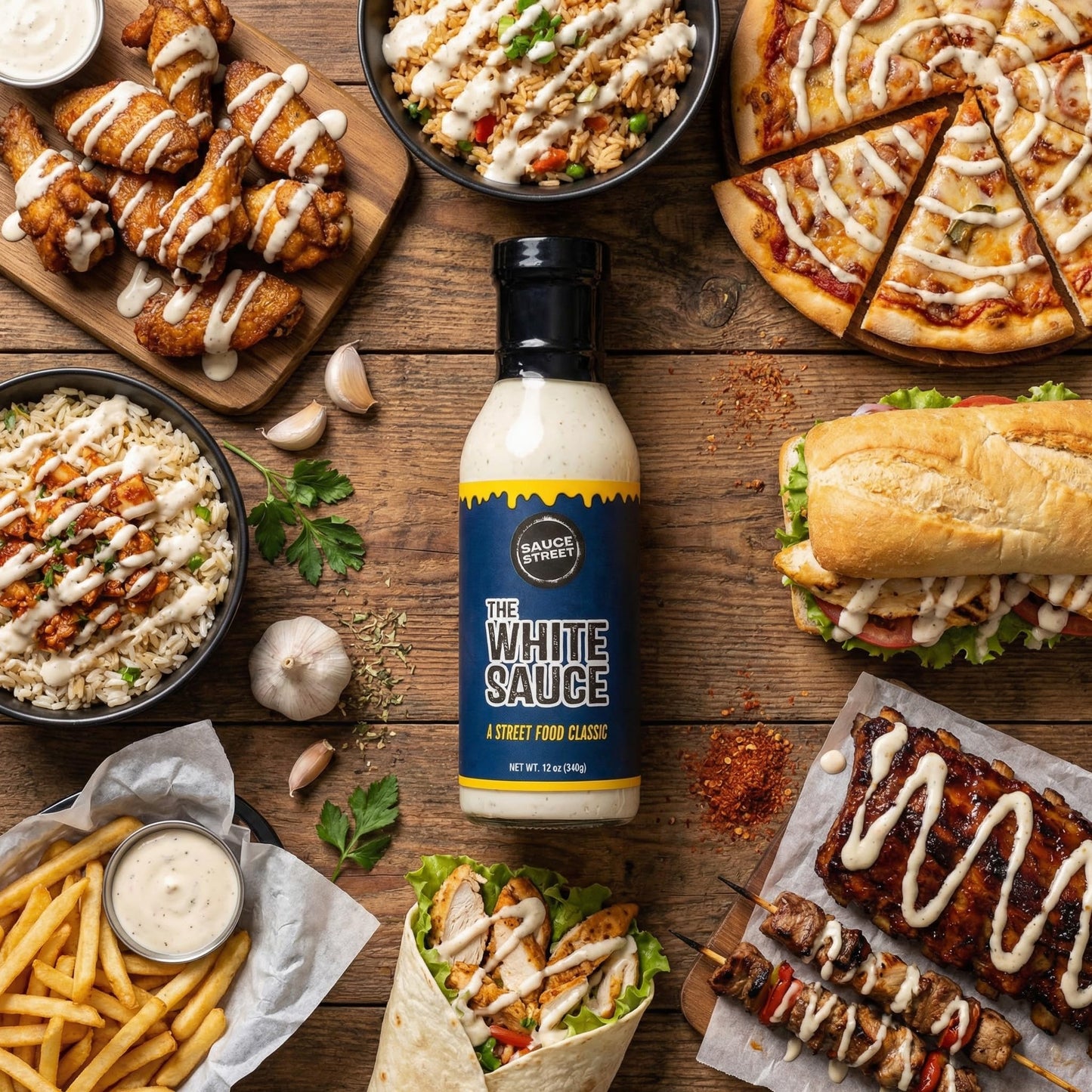 Sauce Street - The White Sauce | Tangy & Mild Spice | Street-Food Style | Best For Rice Bowls, Tacos, Pizza, Sandwiches and Grilled Favorites | 12oz