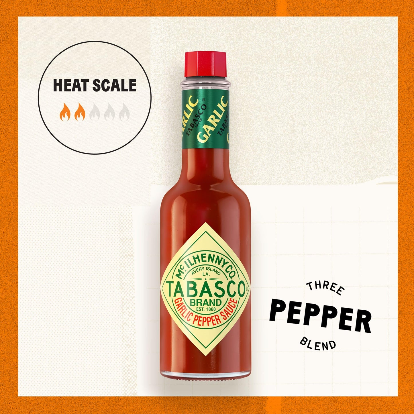 TABASCO Brand Cayenne Garlic Pepper Sauce, Mild Hot Sauce, Glass Bottle, Smoky & Zesty Blend with Savory Garlic, Bold Flavor, Great for Italian Dishes