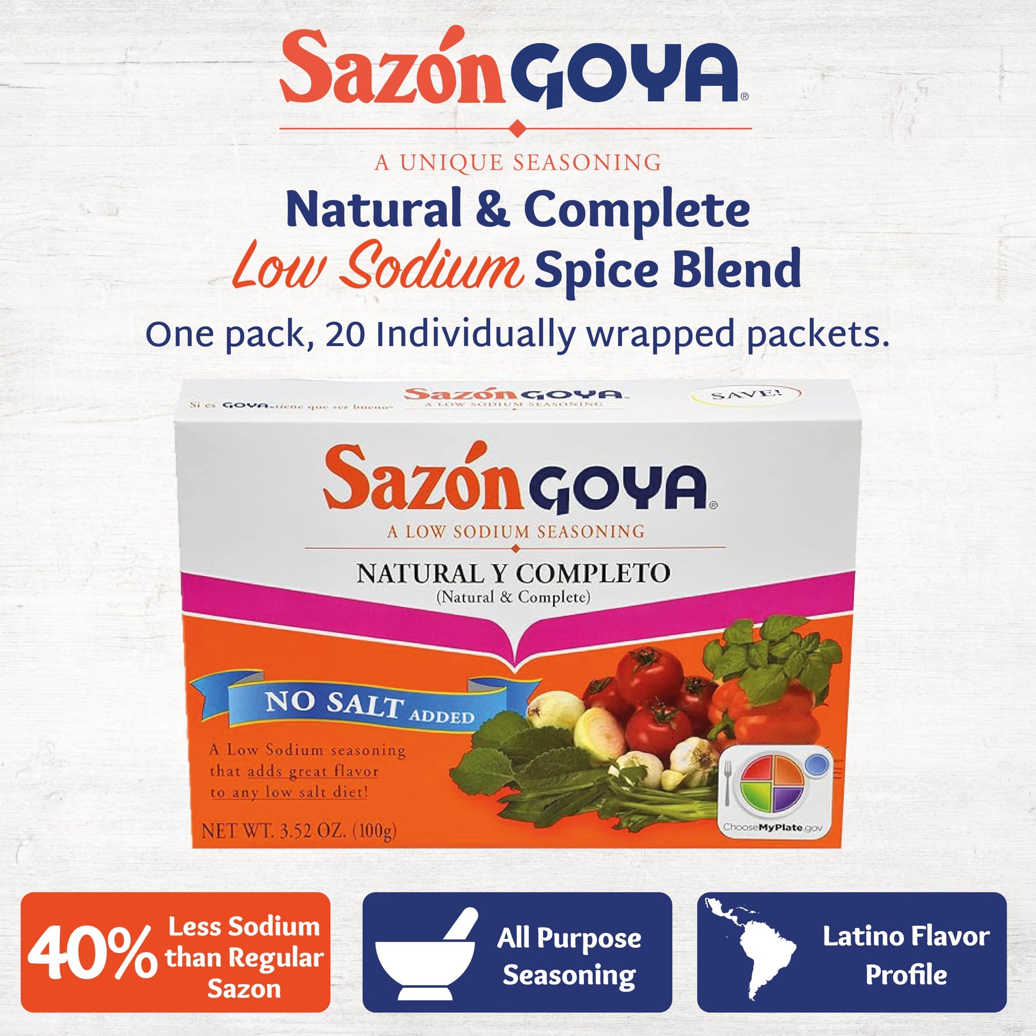 Sazón Natural and Complete by Goya, Low Sodium Latin Spice Blend for Poultry, Seafood, Meat and Vegetables, All Purpose Mexican Seasoning, No Salt
