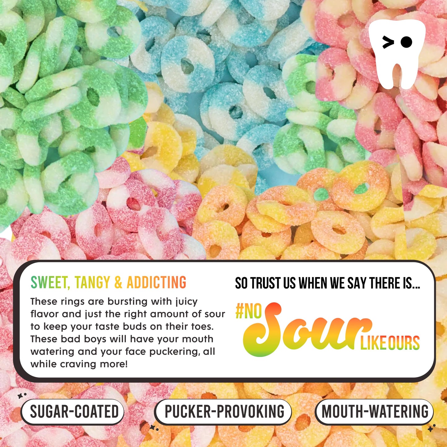 Tropical Sour Rings Candy, 6 Pack Gummy Sour Rings, Watermelon, Pineapple, Pink Lemonade, Blue Raspberry, Peach & Strawberry, Super Sour Rings, Fresh