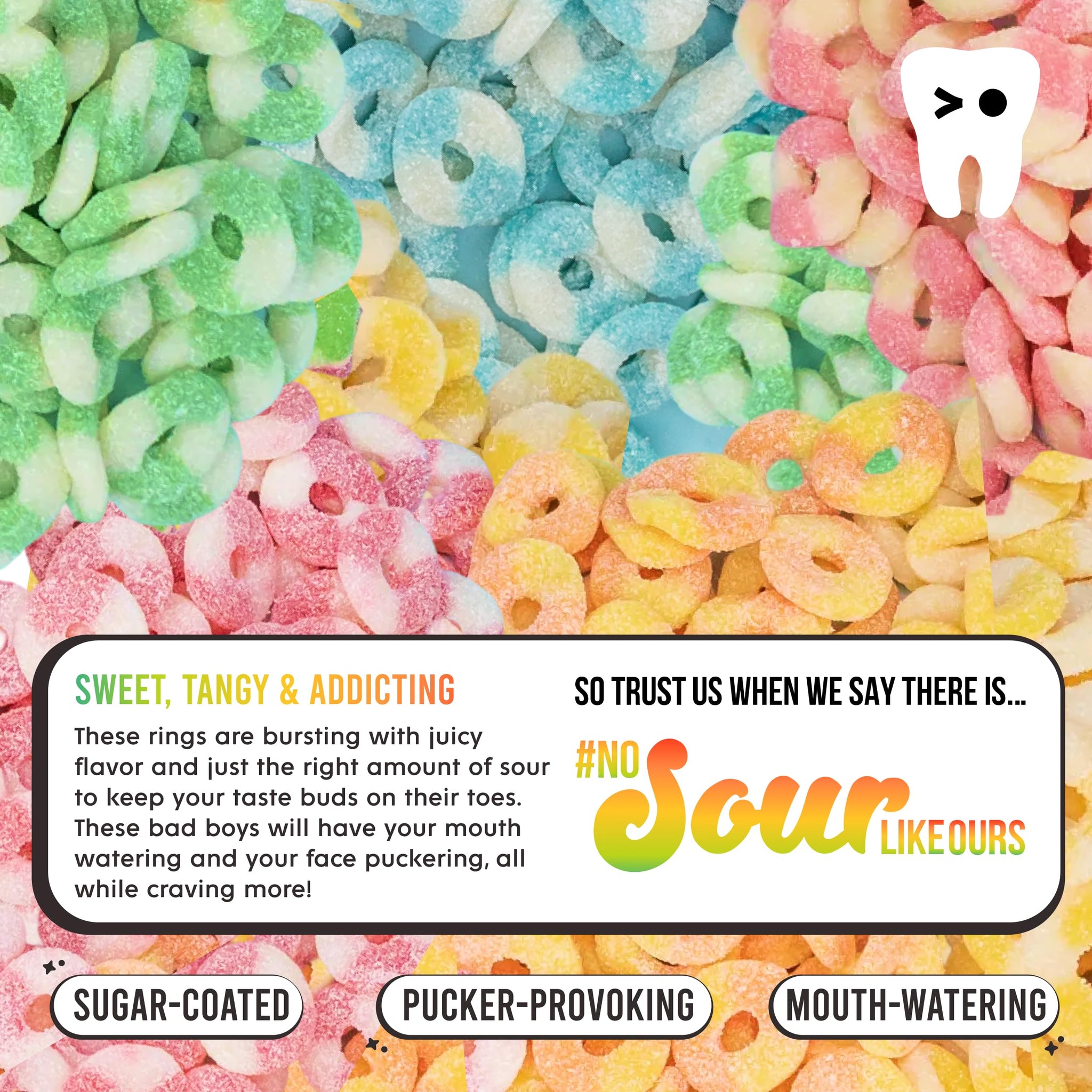 Tropical Sour Rings Candy, 6 Pack Gummy Sour Rings, Watermelon, Pineapple, Pink Lemonade, Blue Raspberry, Peach & Strawberry, Super Sour Rings, Fresh