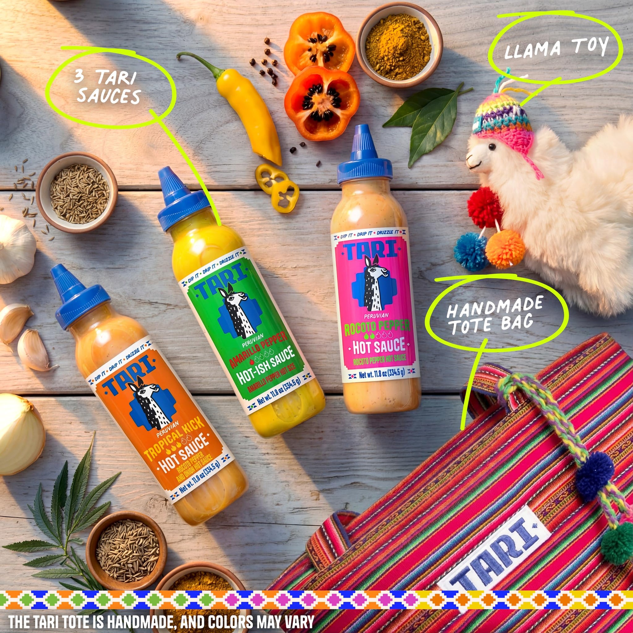 Tari Hot Sauce Llama Pack - Hot Sauce Variety Pack with Aji Rocoto, Aji Amarillo, Tropical Kick 11.8oz each - Comes with Gift Tote Bag & Llama Toy