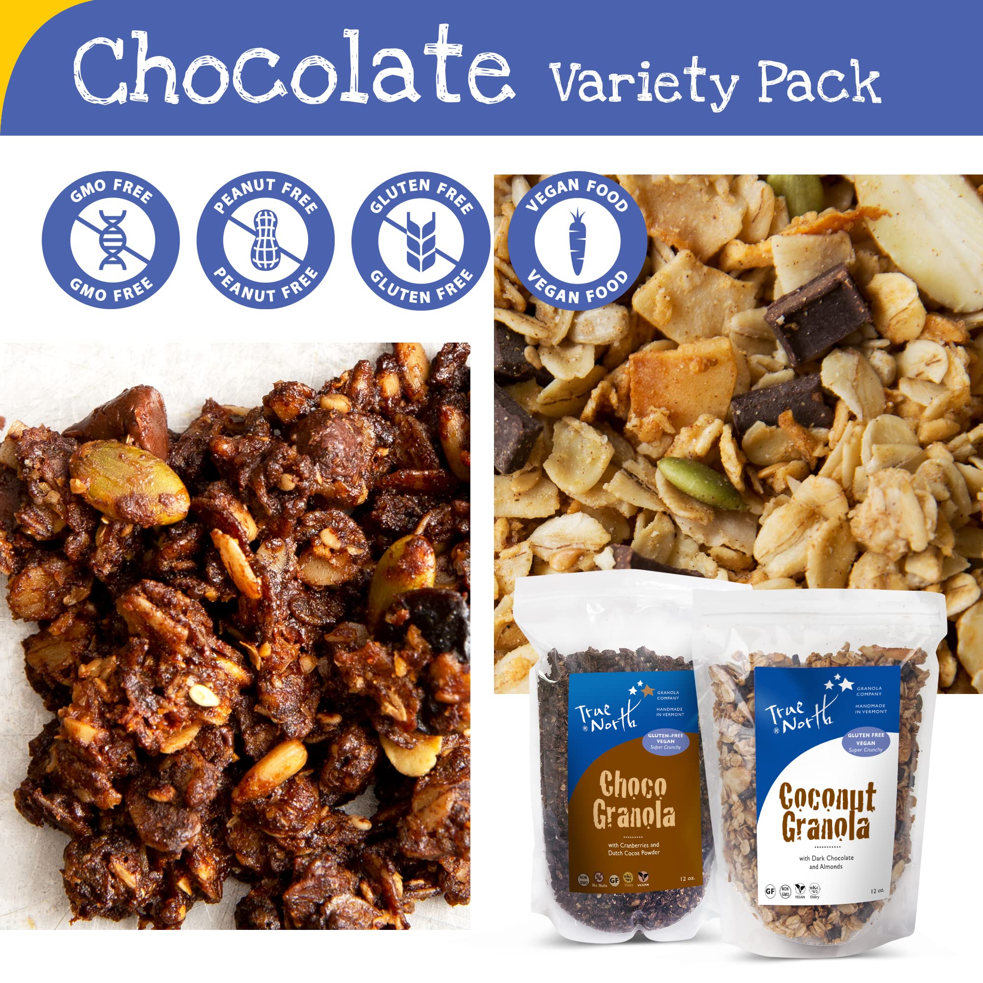 True North Granola - Chocolate Granola Variety Pack - Chocolate & Coconut Granola, All Natural, Non-GMO, 12 oz. (Pack of 2)