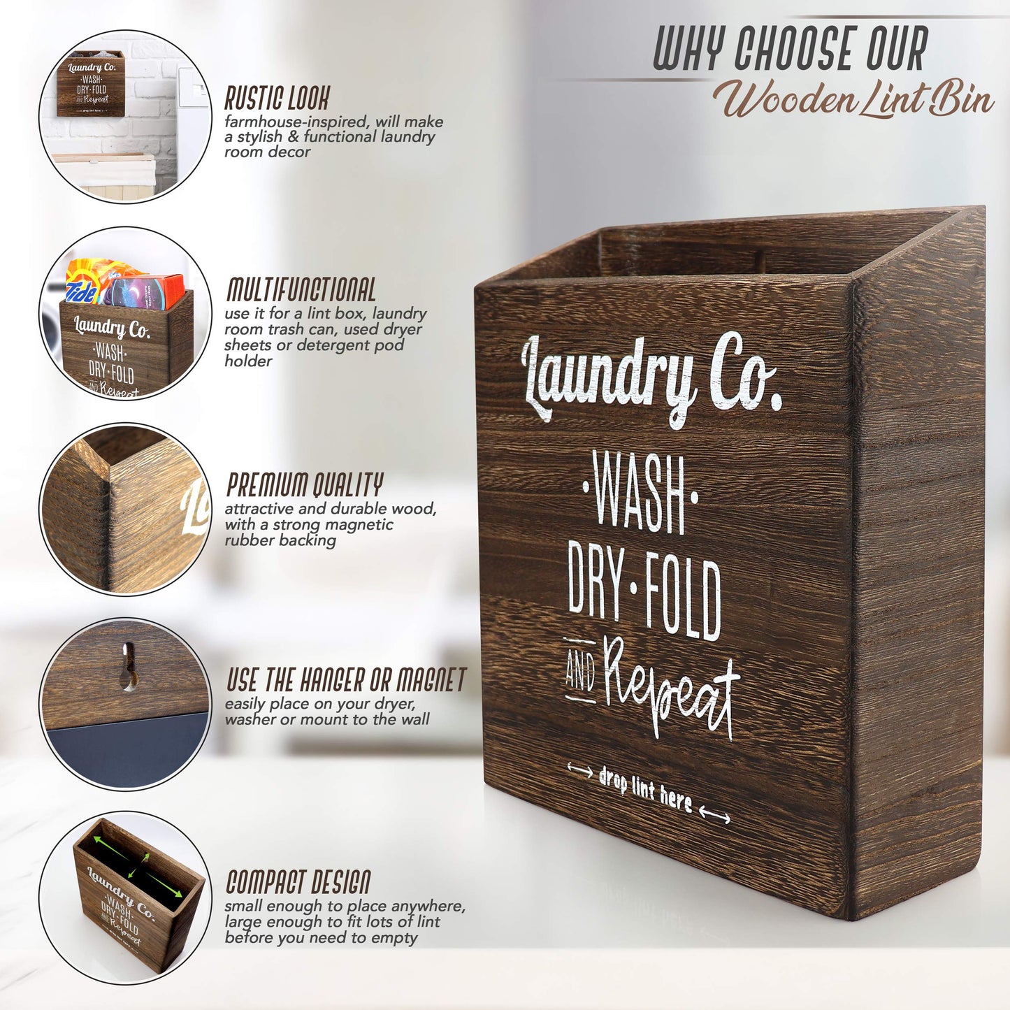 Magnetic Lint Bin for Laundry Room - Mountable, Wooden Lint Box/Holder/Trash Can or Organization and Storage Bin for Washer and Dryer Supplies