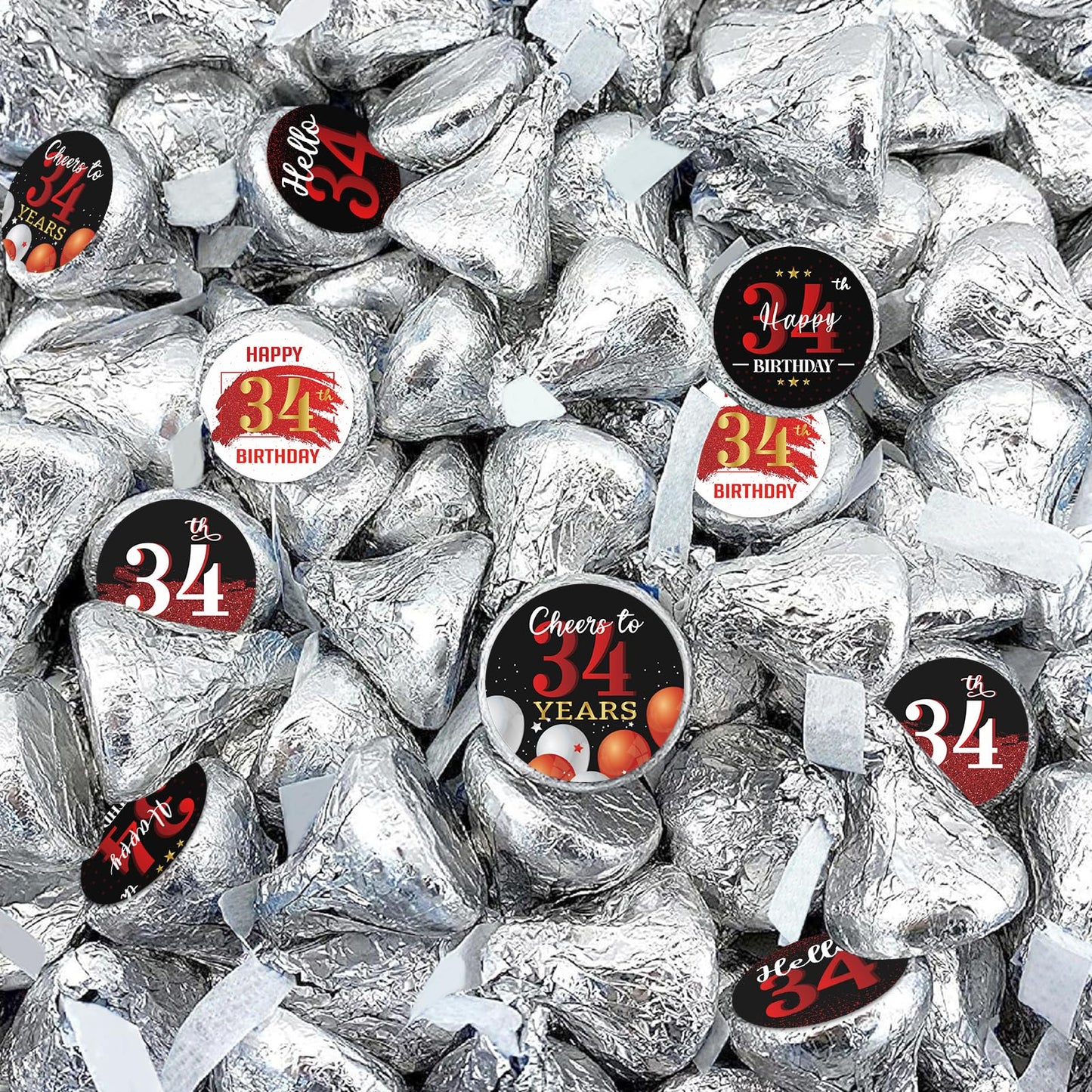 Happy 34th Birthday Party Favor Labels Chocolate Kisses Candy Stickers - Thirty Four Years Old Birthday Round Candy Sticker Party Favors - Black