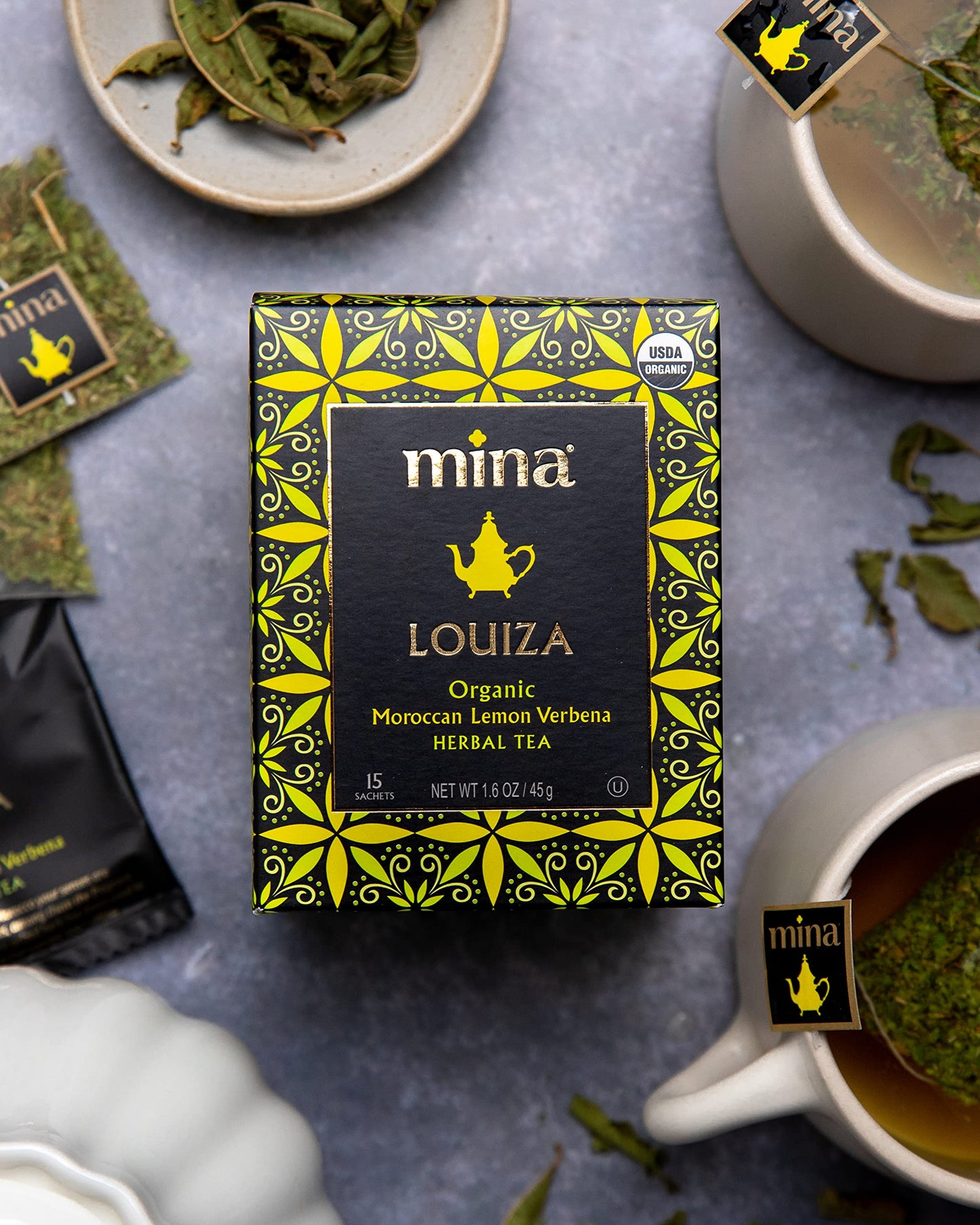 Mina Louiza, Organic Moroccan Lemon Verbena Tea, Organic Herbal Tea Bags, 15 Biodegradable Sachets, Refreshing Lemon Tea, Caffeine Free, Moroccan