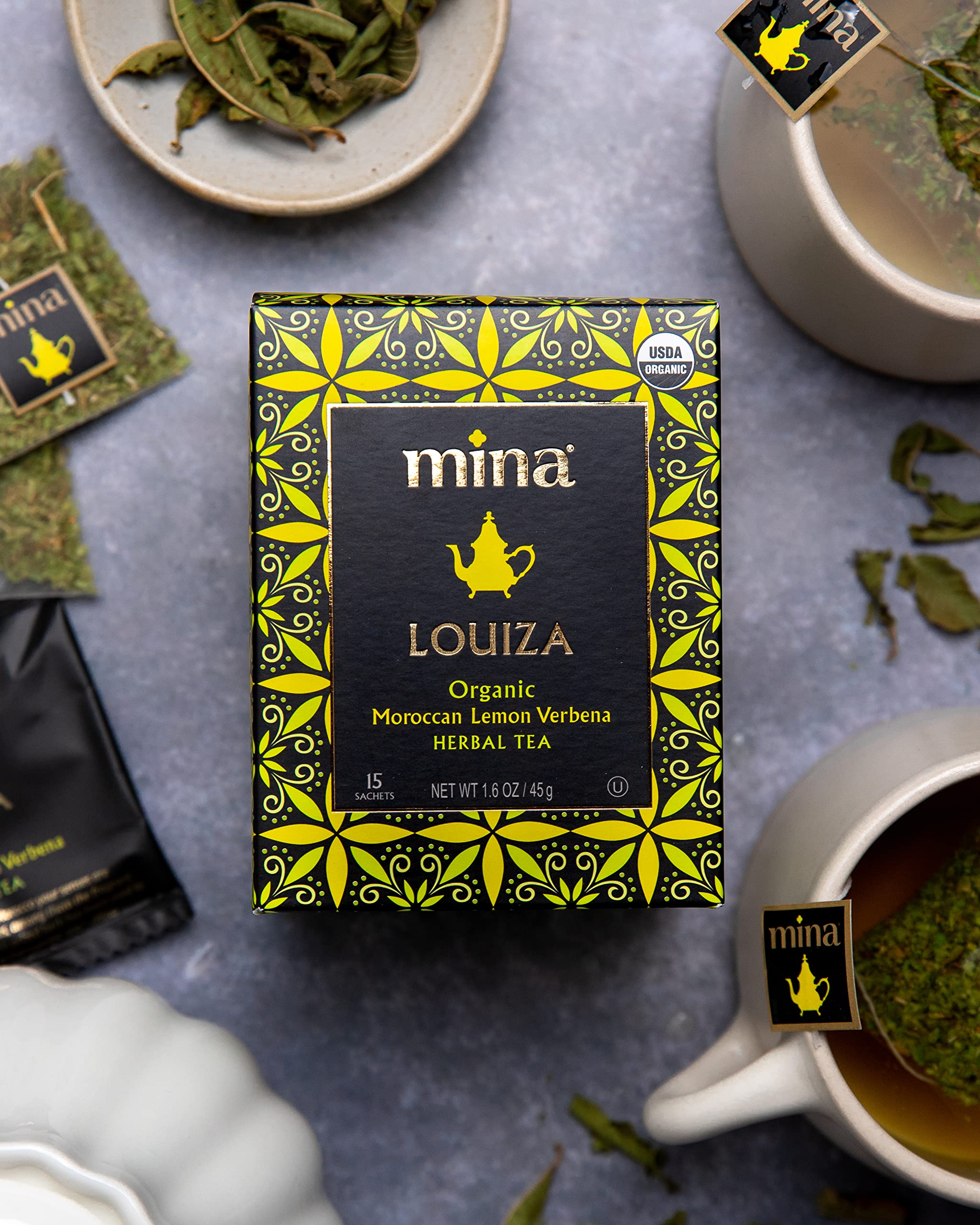 Mina Louiza, Organic Moroccan Lemon Verbena Tea, Organic Herbal Tea Bags, 15 Biodegradable Sachets, Refreshing Lemon Tea, Caffeine Free, Moroccan
