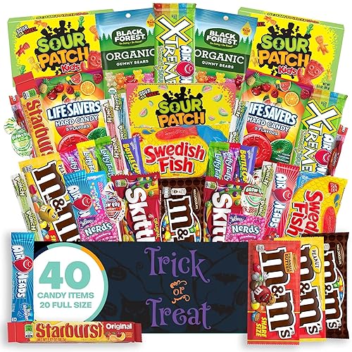 Halloween Candy Snack Box (40 Full Size Variety Gift Basket Care Package) Sour Patch Kids, M&Ms, Starburst, Swedish Fish, Skittles & More - The Care