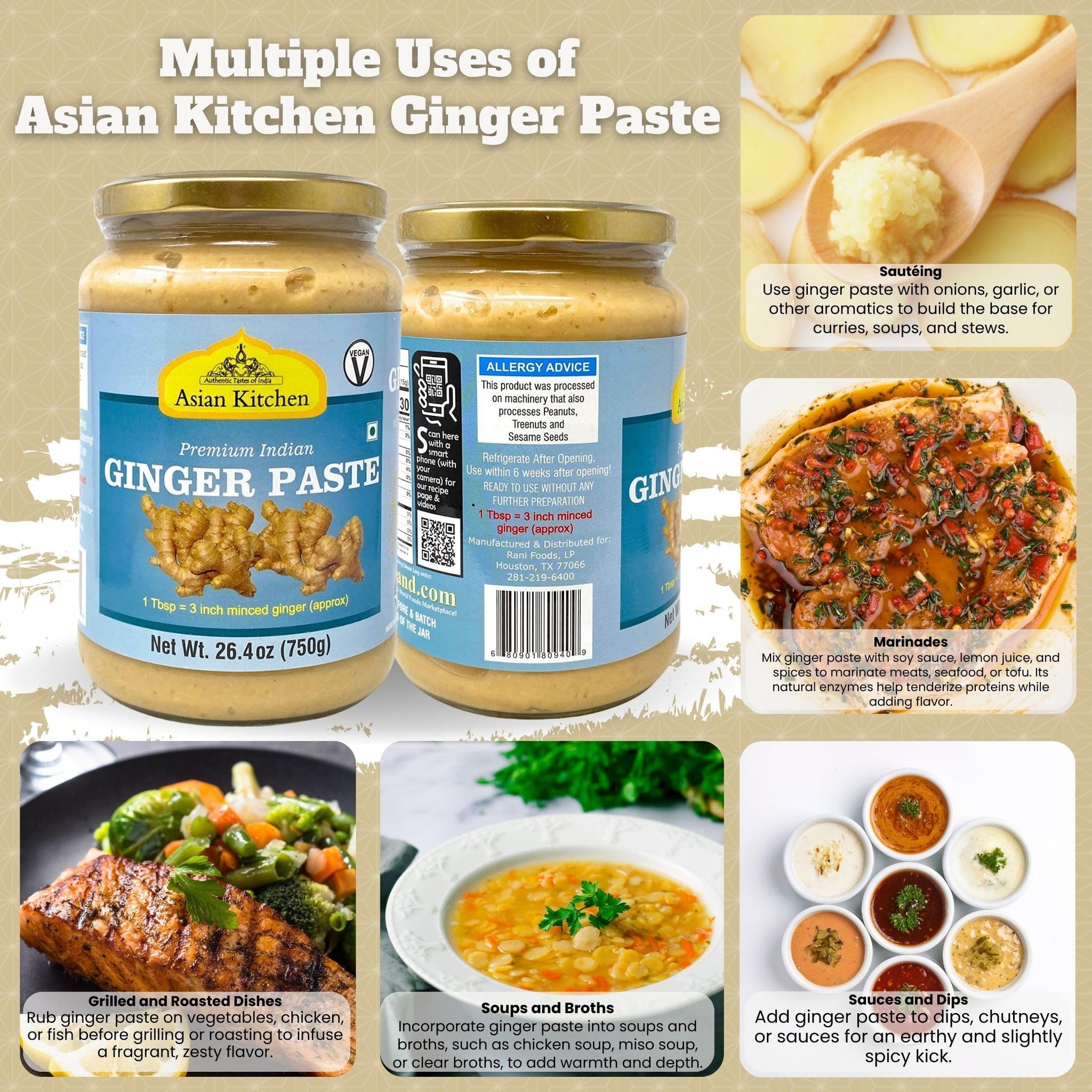 Asian Kitchen Ginger Cooking Paste 26.5oz (750g) Glass Jar ~ Vegan | Gluten Free | NON-GMO | No Colors | Indian Origin