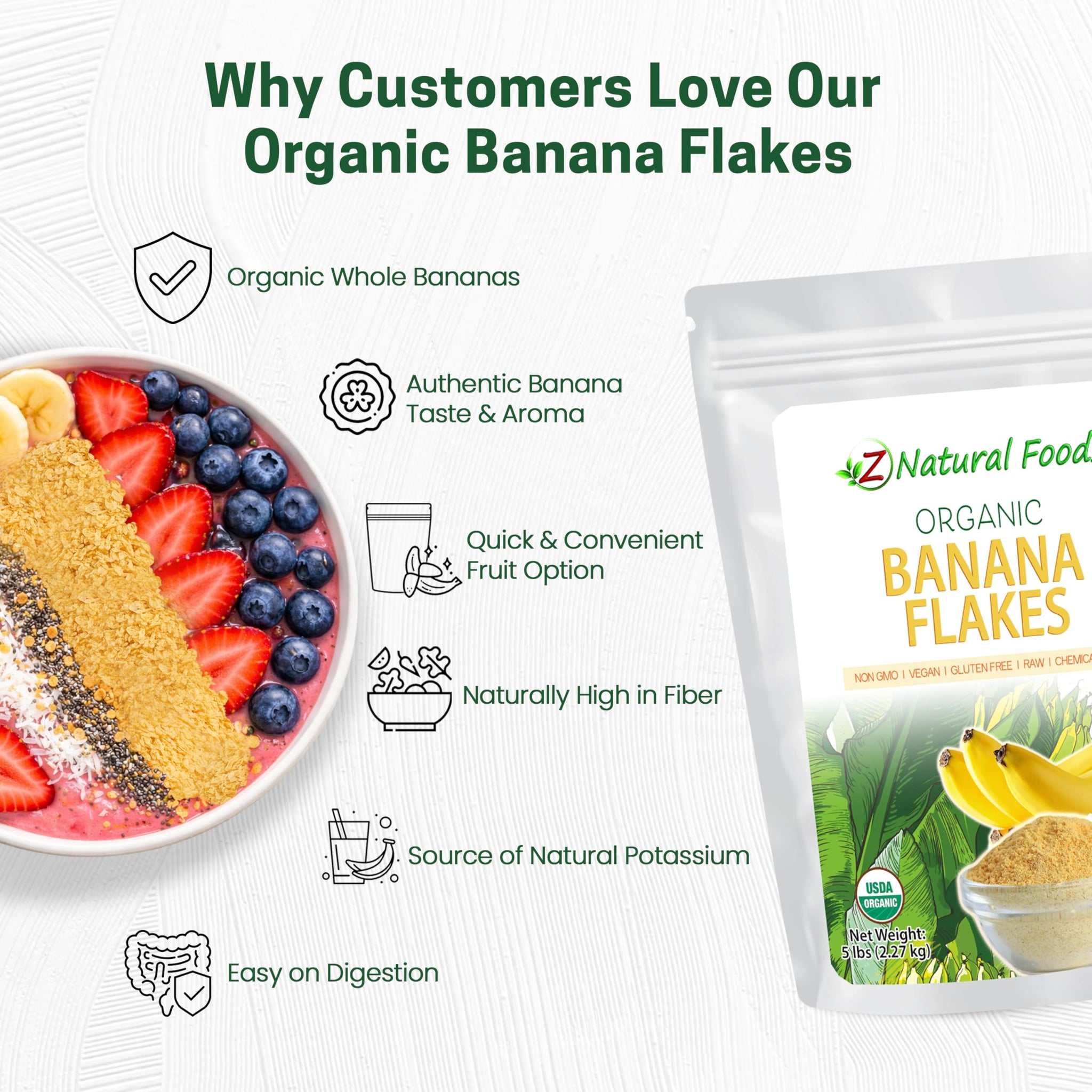Z Natural Foods Organic Banana Flakes - Crisp Ripe Bananas for Potassium & Fiber Support, Digestive Health, Skin Glow - Natural Flavor & Dried Flake
