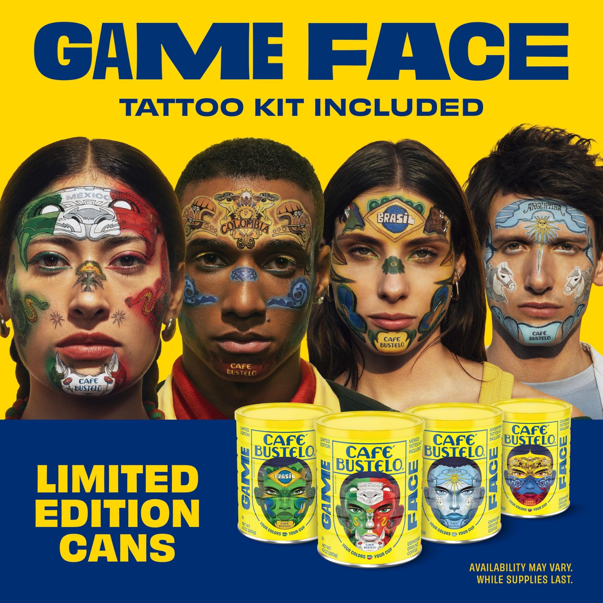 Café Bustelo Espresso Style Dark Roast Ground Coffee, Limited Edition Game Face Design, Tattoo Kit Included, 10 Oz. Can