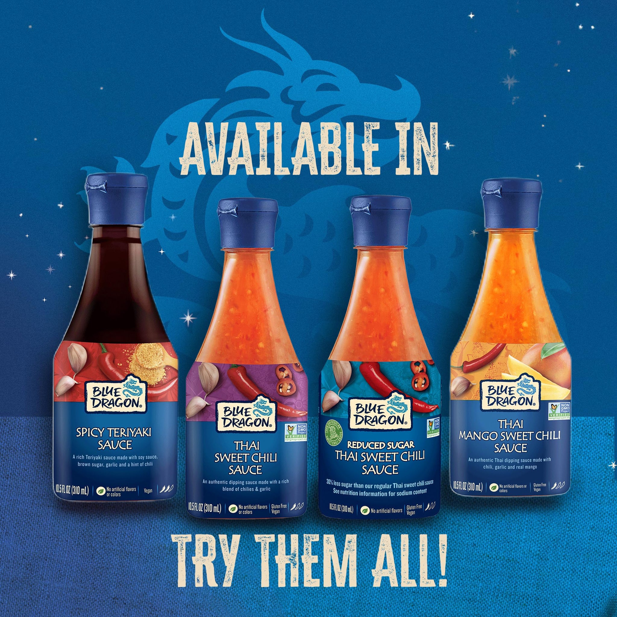 Blue Dragon Sweet Chili Sauce, RS Sweet Chili, & Mango Sauce, Variety Pack of 3 (10.5 oz Each) - No Artificial Flavors Or Preservatives, Vegan