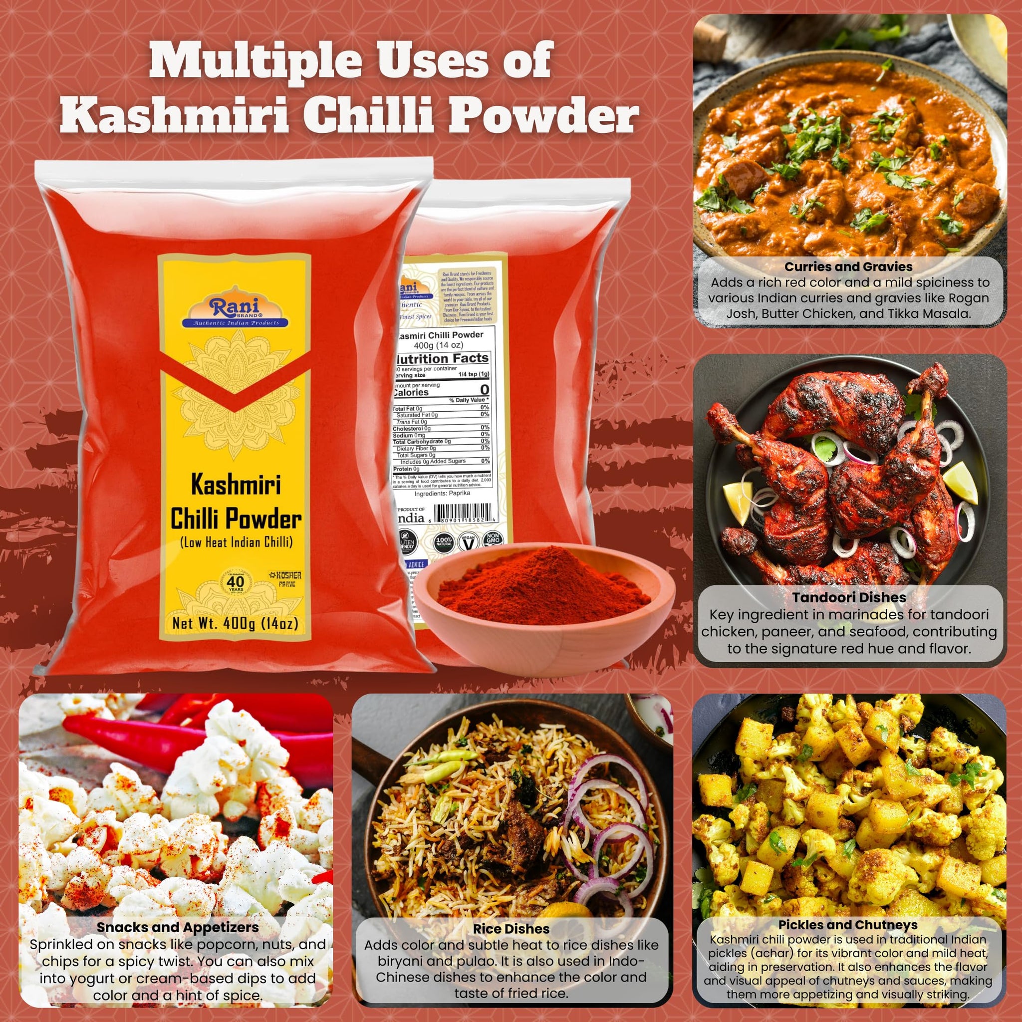 Rani Kashmiri Chilli Powder (Deggi Mirch, Low Heat) Ground Indian Spice 14oz (400g) ~ All Natural, Salt-Free | Vegan | No Colors | Gluten Friendly |