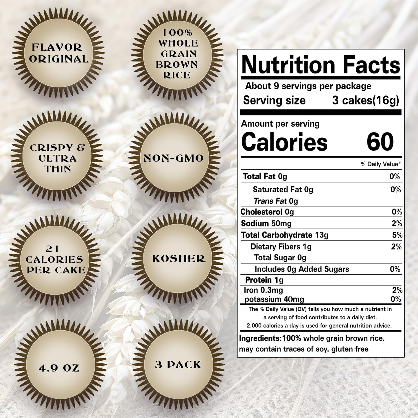 Ultra Thin Rice Cakes - Whole Grain Brown Rice Cakes Salted - Fat Free, Non GMO, Gluten Free Rice Cakes - Low Calorie Snacks - All Natural - 3 Pk
