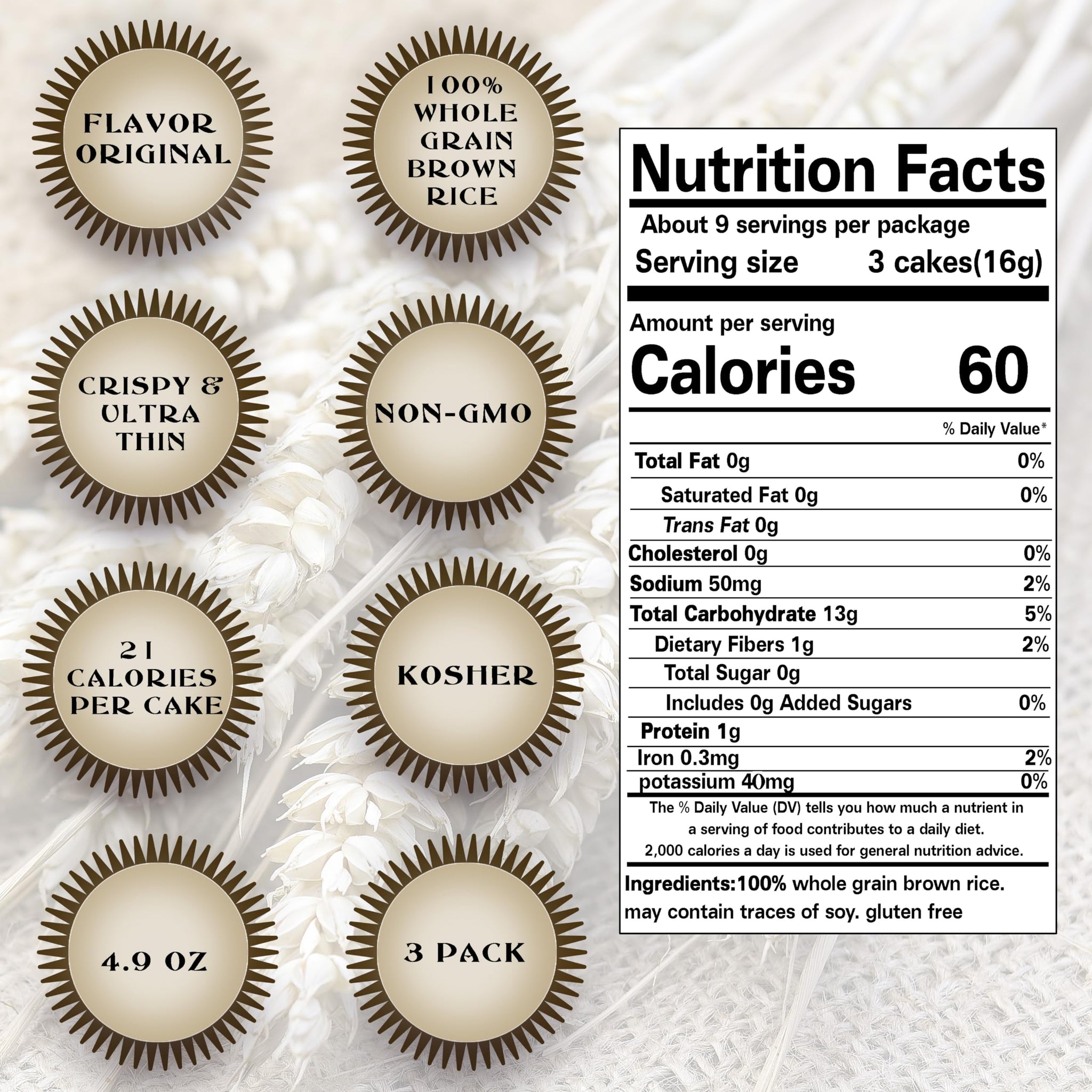 Ultra Thin Rice Cakes - Whole Grain Brown Rice Cakes Salted - Fat Free, Non GMO, Gluten Free Rice Cakes - Low Calorie Snacks - All Natural - 3 Pk