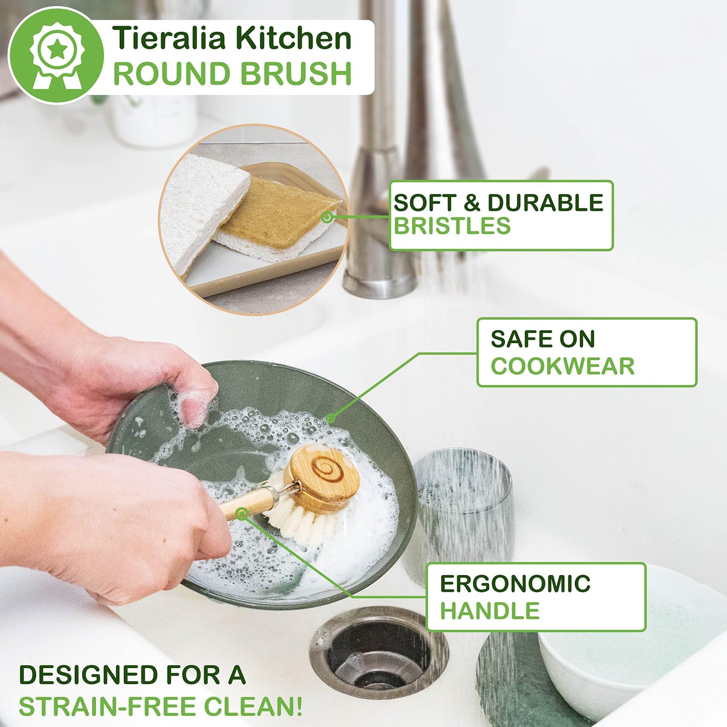 Tieralia Bamboo Dish Brush Gift Set - 5-Piece Kitchen Cleaning Set with Bottle Brush, Round Scrub Brush, Palm Brush & 2 Plant-Based Sponges | Wooden