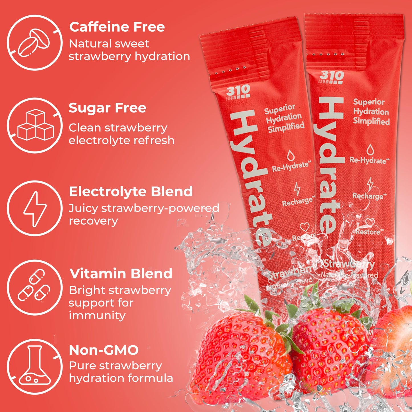 310 Nutrition Sugar Free Electrolytes Powder - Instant Hydration Packets for Daily Fluid Balance - Caffeine-Free Rehydration Drink Mix, Low Calorie