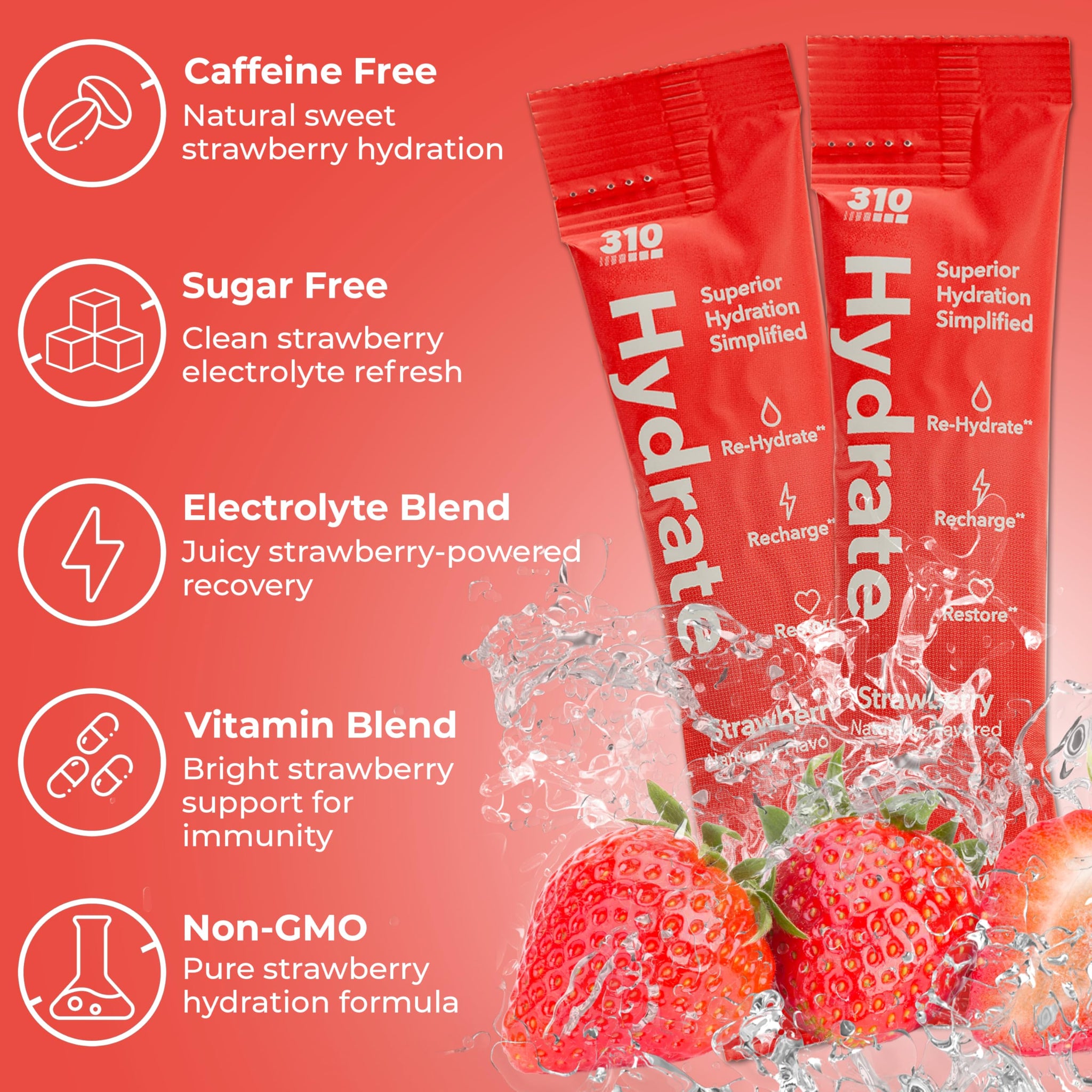 310 Nutrition Sugar Free Electrolytes Powder - Instant Hydration Packets for Daily Fluid Balance - Caffeine-Free Rehydration Drink Mix, Low Calorie