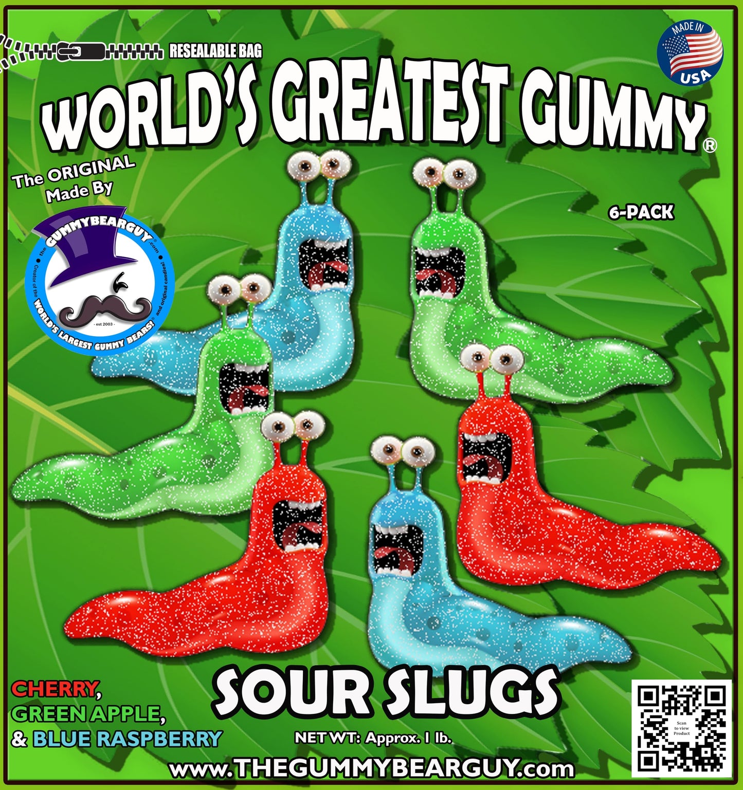 World's Greatest Gummy® Sour Slugs | Created by The Gummy Bear Guy® | 2 Sour Cherry, 2 Sour Green Apple, 2 Sour Blue Raspberry | 6-Pack |