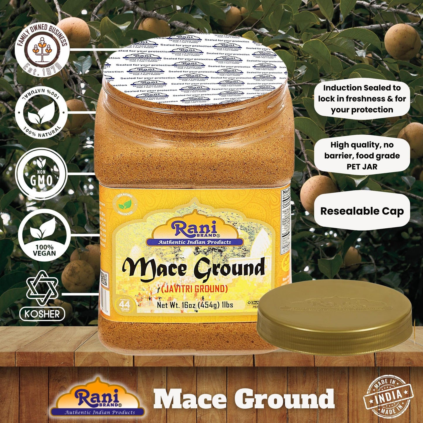 Rani Mace Ground (Javathri) Powder, Spice 16oz (1lb) 454g PET Jar ~ All Natural | Vegan | Gluten Friendly | NON-GMO | Kosher | Indian Origin
