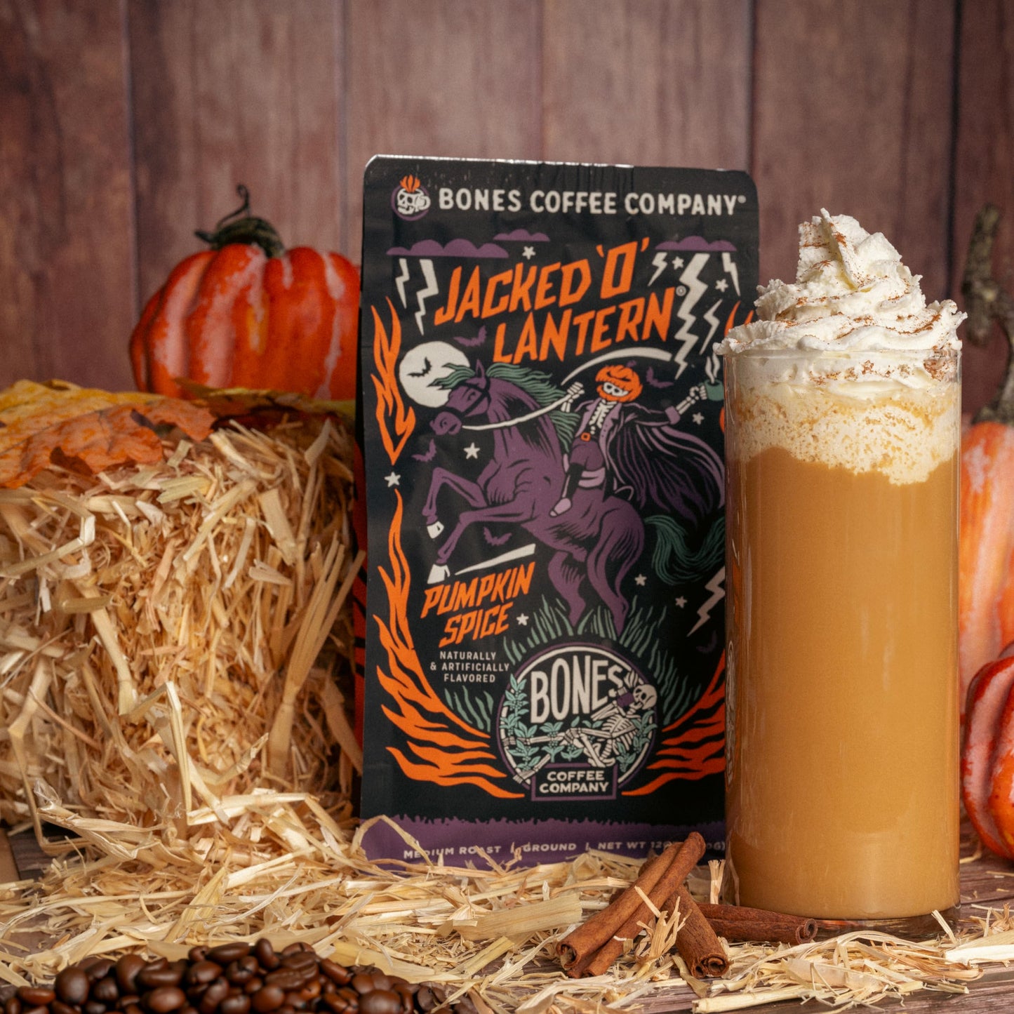 Bones Coffee Company Jacked 'O' Lantern, Pumpkin Spice Flavored Coffee, Medium Roast Low Acid Arabica Beans Compatible with Auto drip and French Press