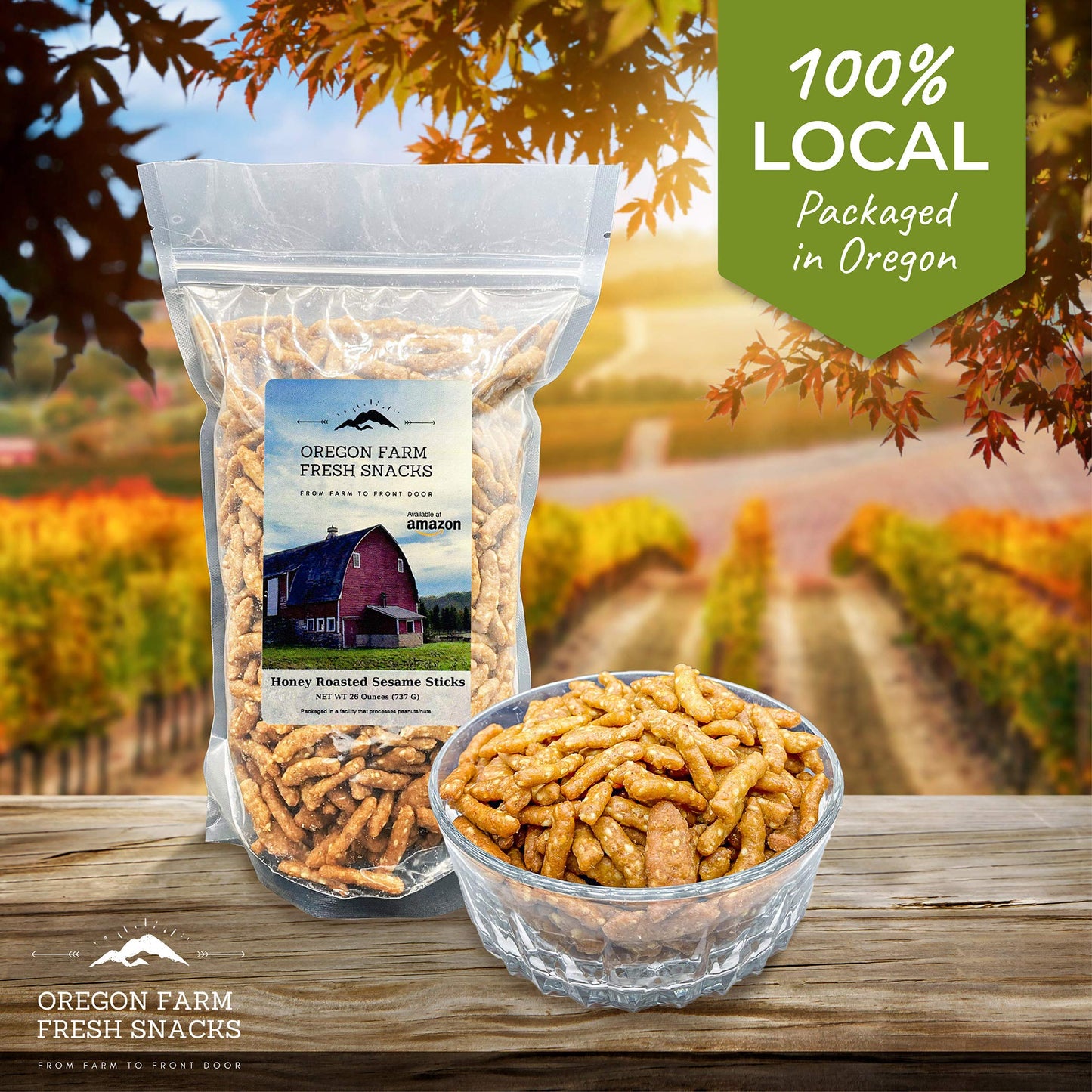 Oregon Farm Fresh Snacks Honey Roasted Sesame Sticks - Sweet & Salty Sesame Snacks In Reusable Bag - Perfect For Trail Mix & Salads - USA Made (26oz)