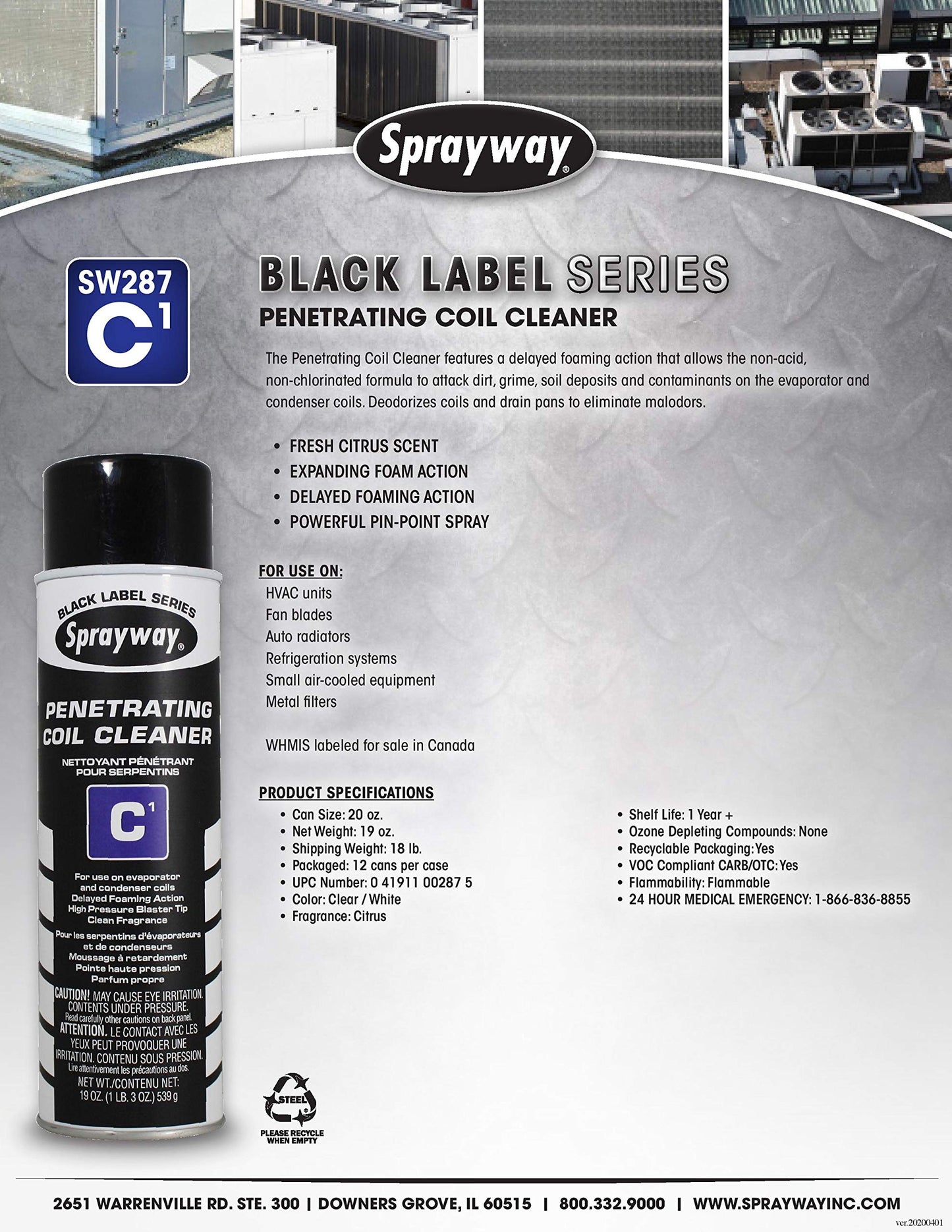 Sprayway SW287 Aerosol C1 Penetrating Coil Cleaner, 19 oz