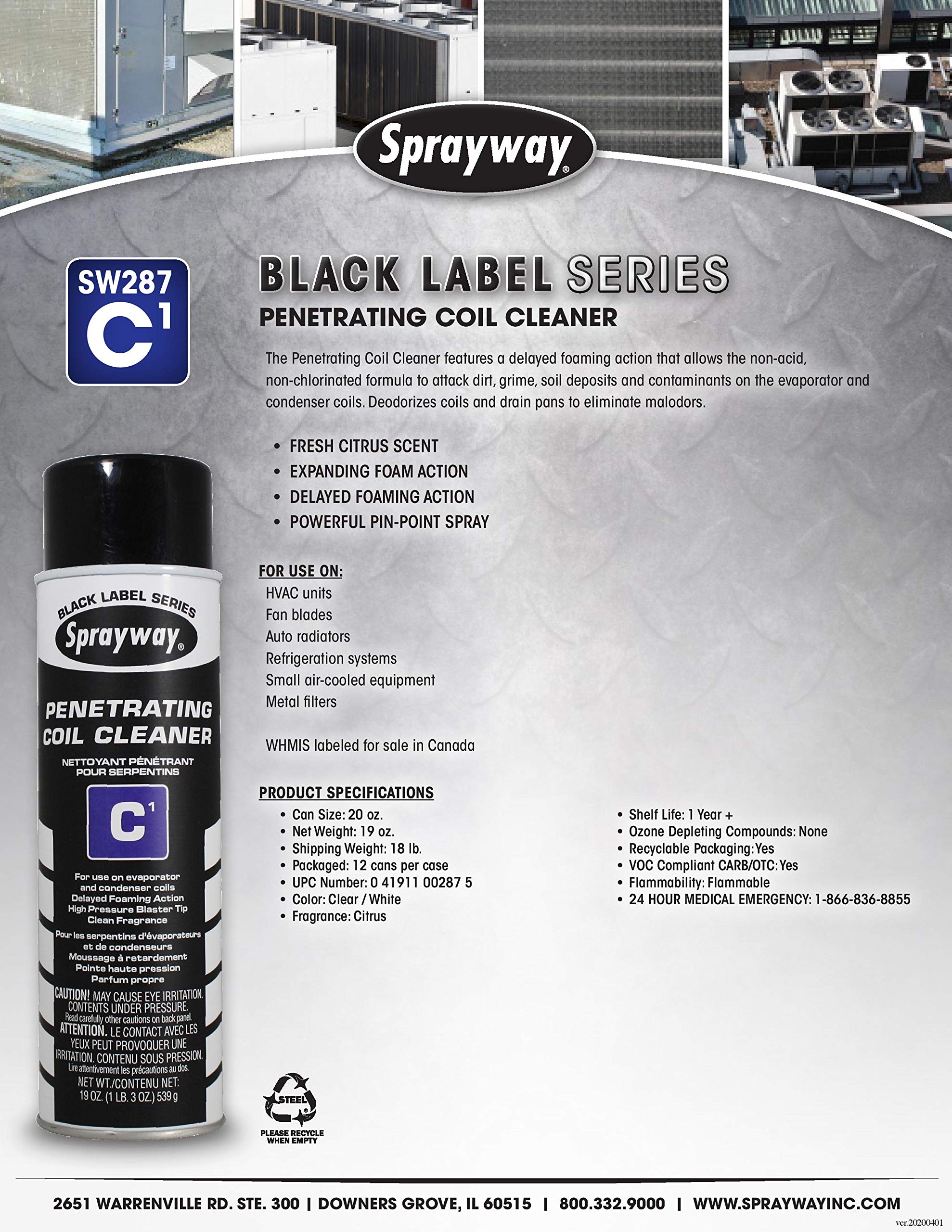 Sprayway SW287 Aerosol C1 Penetrating Coil Cleaner, 19 oz