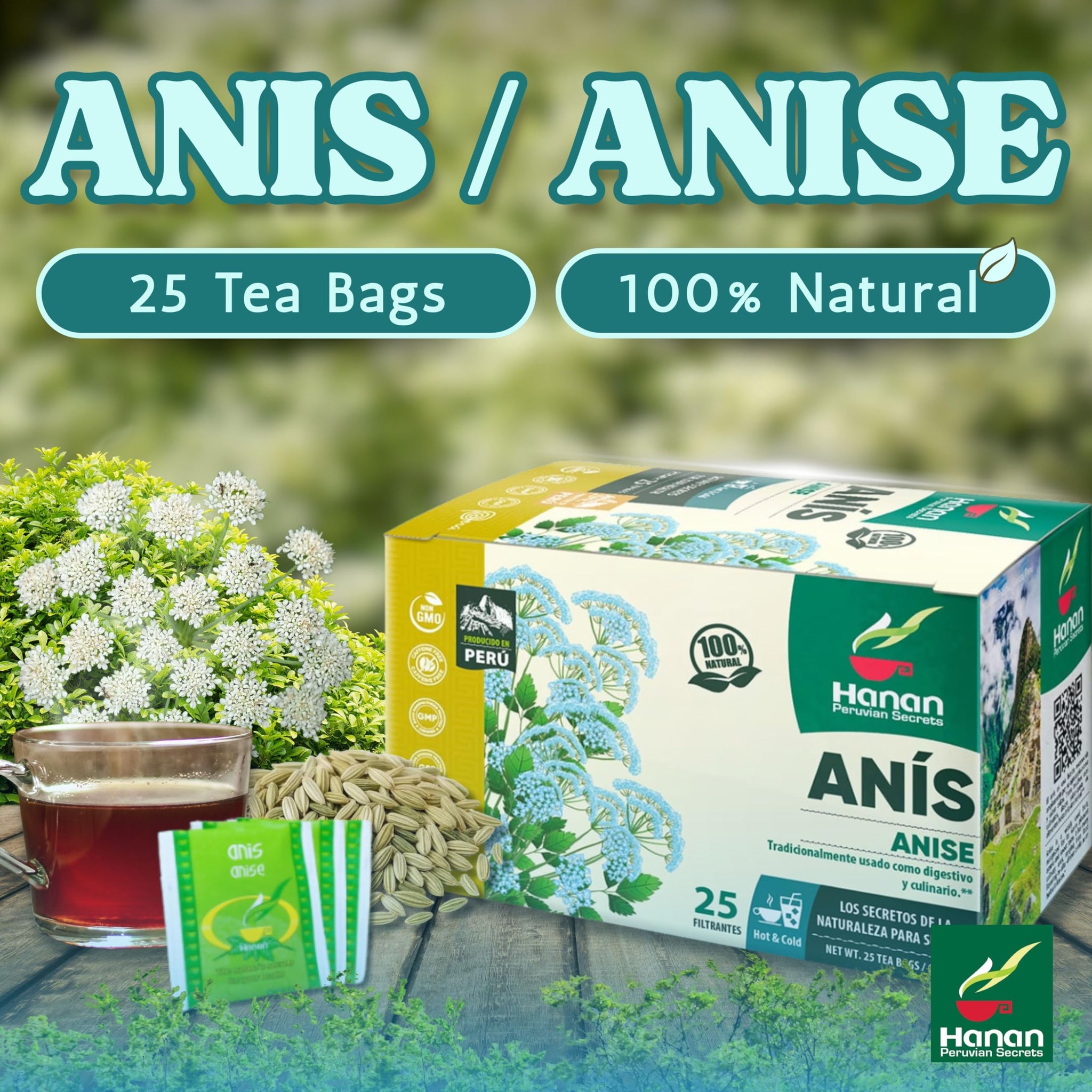 Hanan Anise Tea 25 Herbal Teabags - Te de Anis Natural for Digestive Health, Dried Anise Herbs Aniseed Plant and Leaves for Herbal Tea
