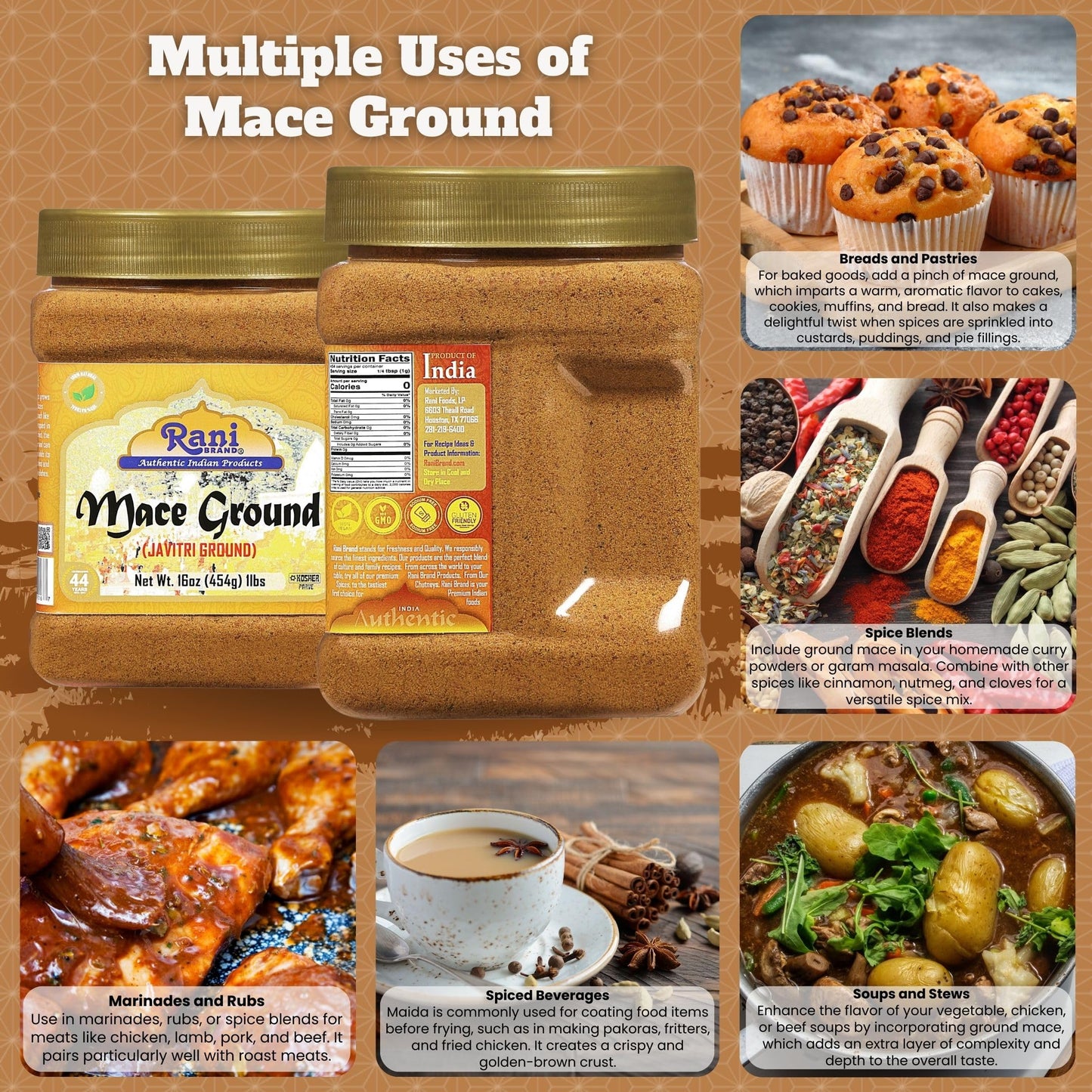 Rani Mace Ground (Javathri) Powder, Spice 16oz (1lb) 454g PET Jar ~ All Natural | Vegan | Gluten Friendly | NON-GMO | Kosher | Indian Origin