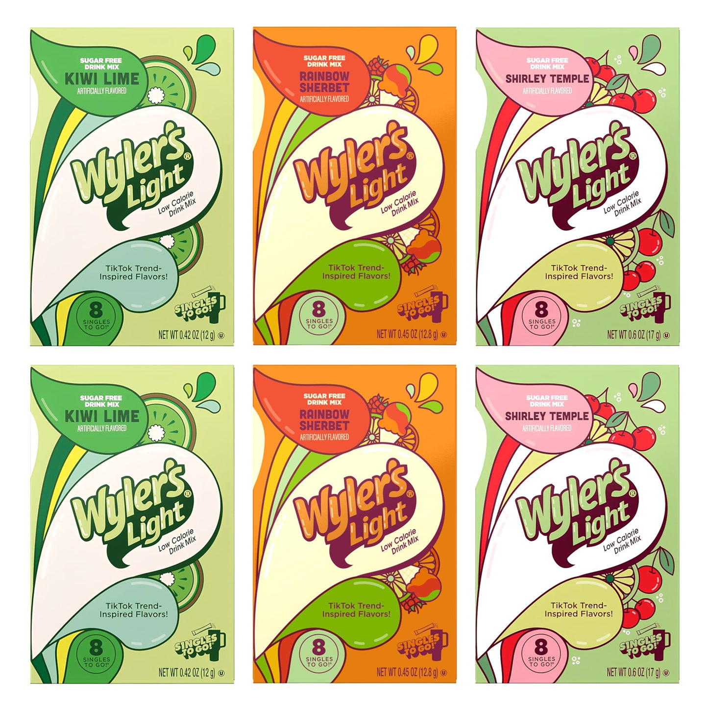 Wyler’s Light Water Flavoring Packets - Tropical Variety 6 Pack, 2 of Each Flavor - Kiwi Lime, Shirley Temple, Rainbow Sherbet - Sugar Free Singles
