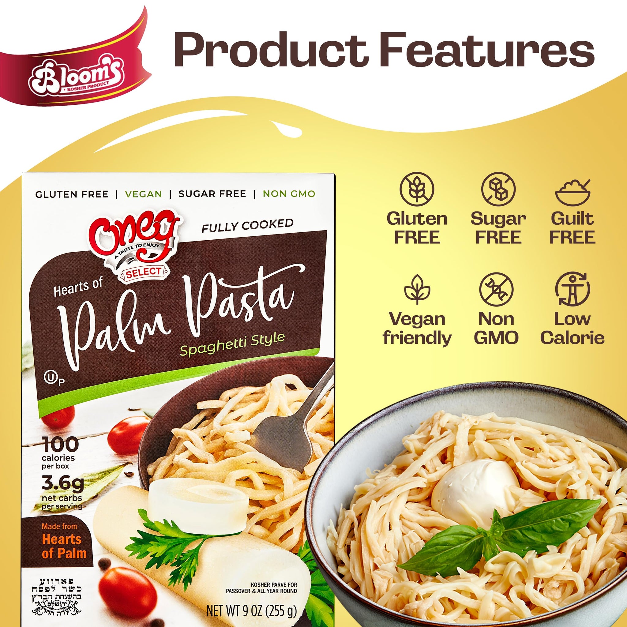 Oneg Hearts of Palm Pasta Spaghetti Noodles - Gluten Free, Fully Cooked Low Carb Spaghetti Noodles, Healthy Pasta Substitute, Non-GMO, Sugar-Free