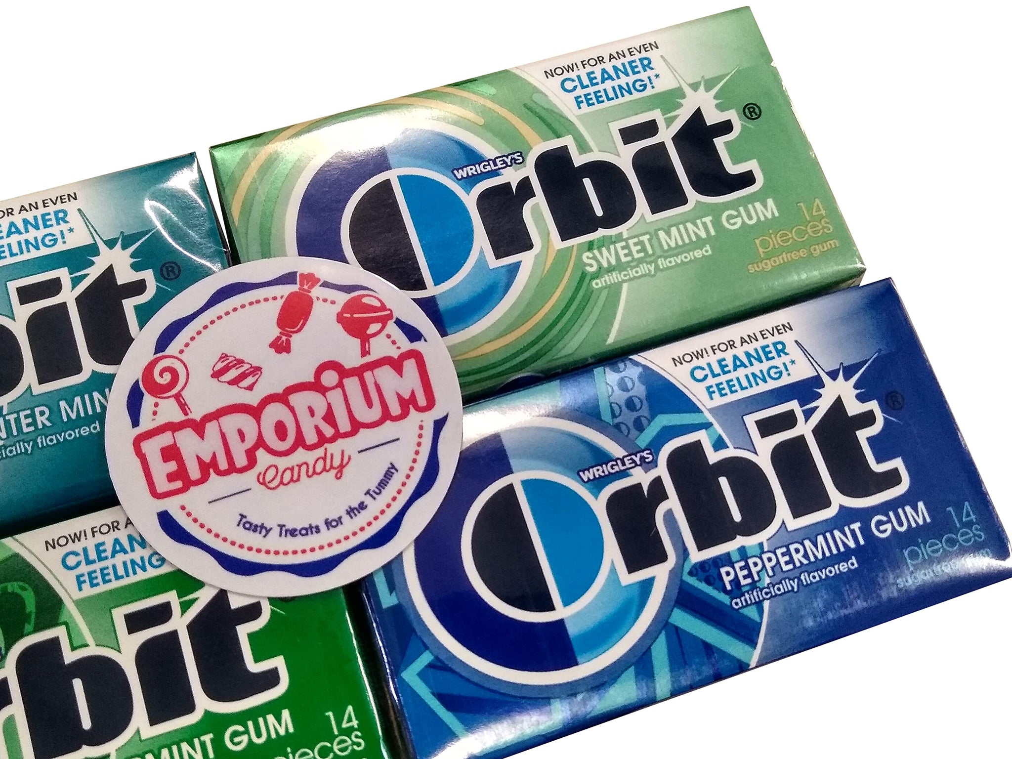 EMPORIUM CANDY TASTY TREATS FOR THE TUMMY Orbit Gum Assortment - 1 Pack Each of Peppermint Spearmint Sweetmint Wintermint - 14 Pieces per Pack, Blue