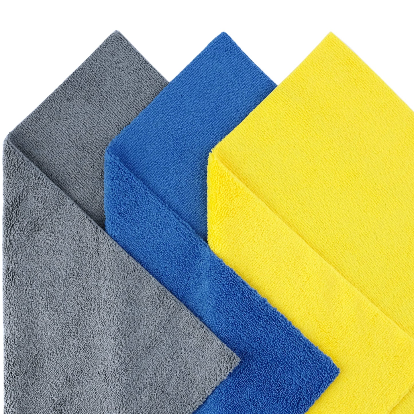 POLYTE Microfiber Cleaning Towel Ultrasonic Cut Edgeless (16x16, 24 Pack, Premium, Blue,Gray,Yellow)