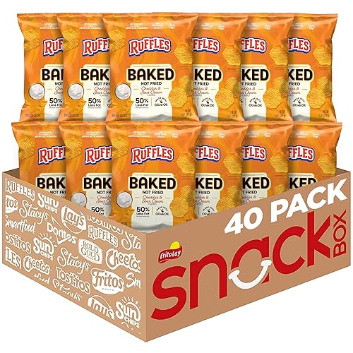 Baked Ruffles Potato Chips, Cheddar & Sour Cream, 0.875 oz Bags, (40 Pack), 50% Less Fat, Gluten Free, No Artificial Flavors, No Colors from