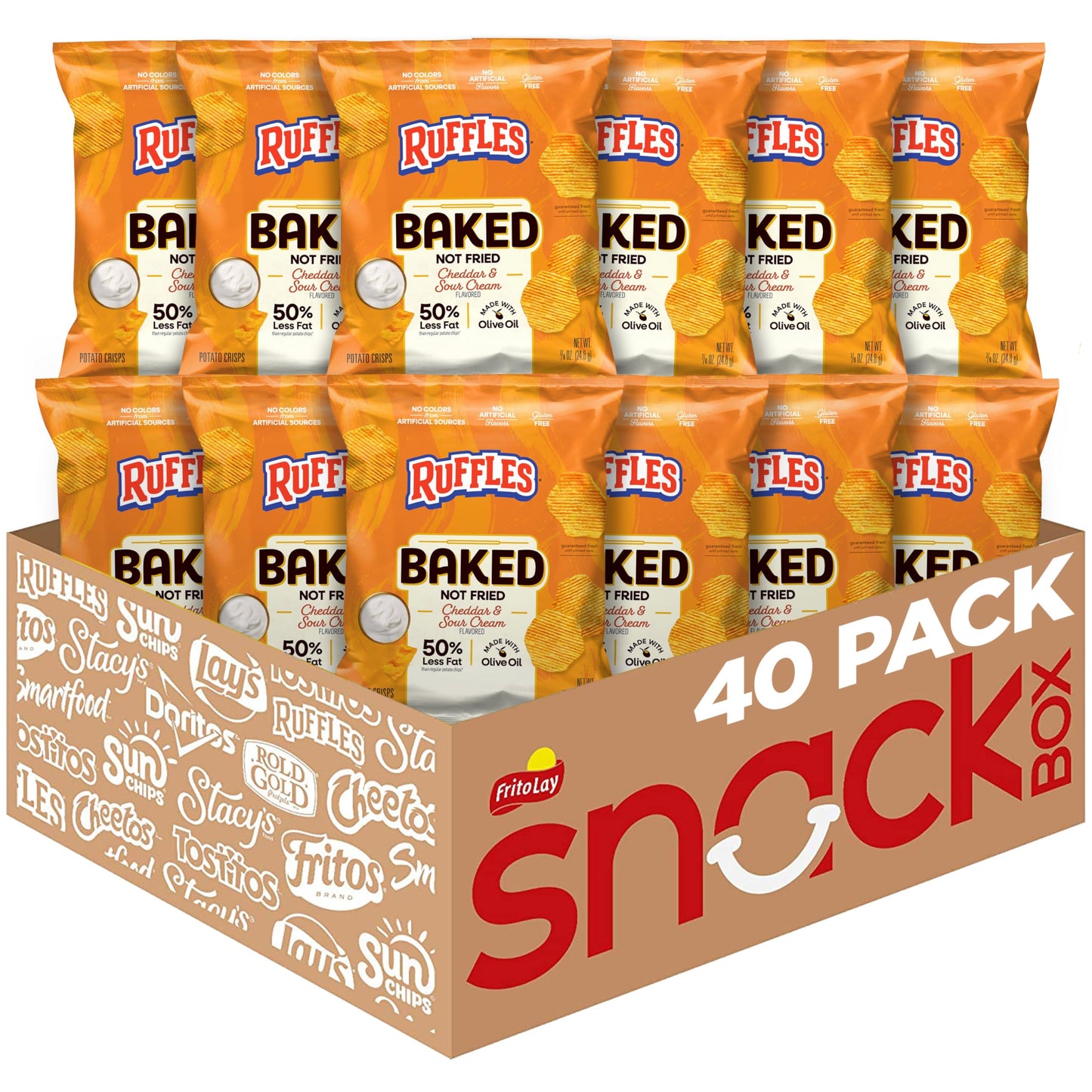 Baked Ruffles Potato Chips, Cheddar & Sour Cream, 0.875 oz Bags, (40 Pack), 50% Less Fat, Gluten Free, No Artificial Flavors, No Colors from
